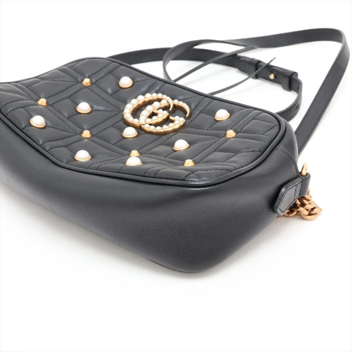GG Marmont 447632 Leather x Pearl Chain Shoulder Bag, Black — view 3