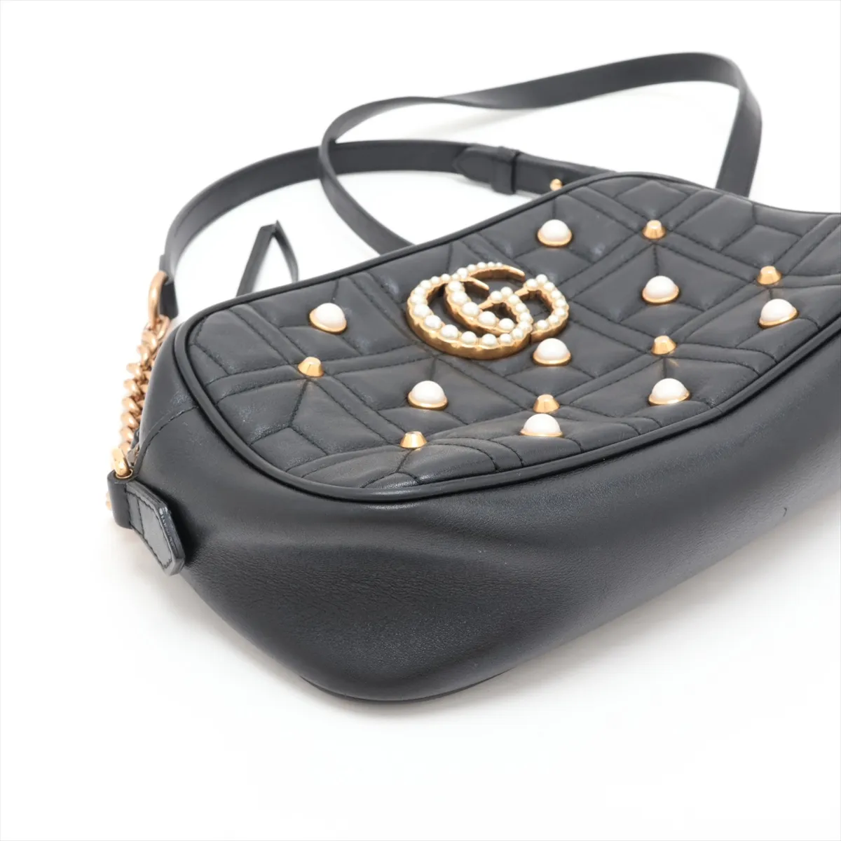 GG Marmont 447632 Leather x Pearl Chain Shoulder Bag, Black — view 4