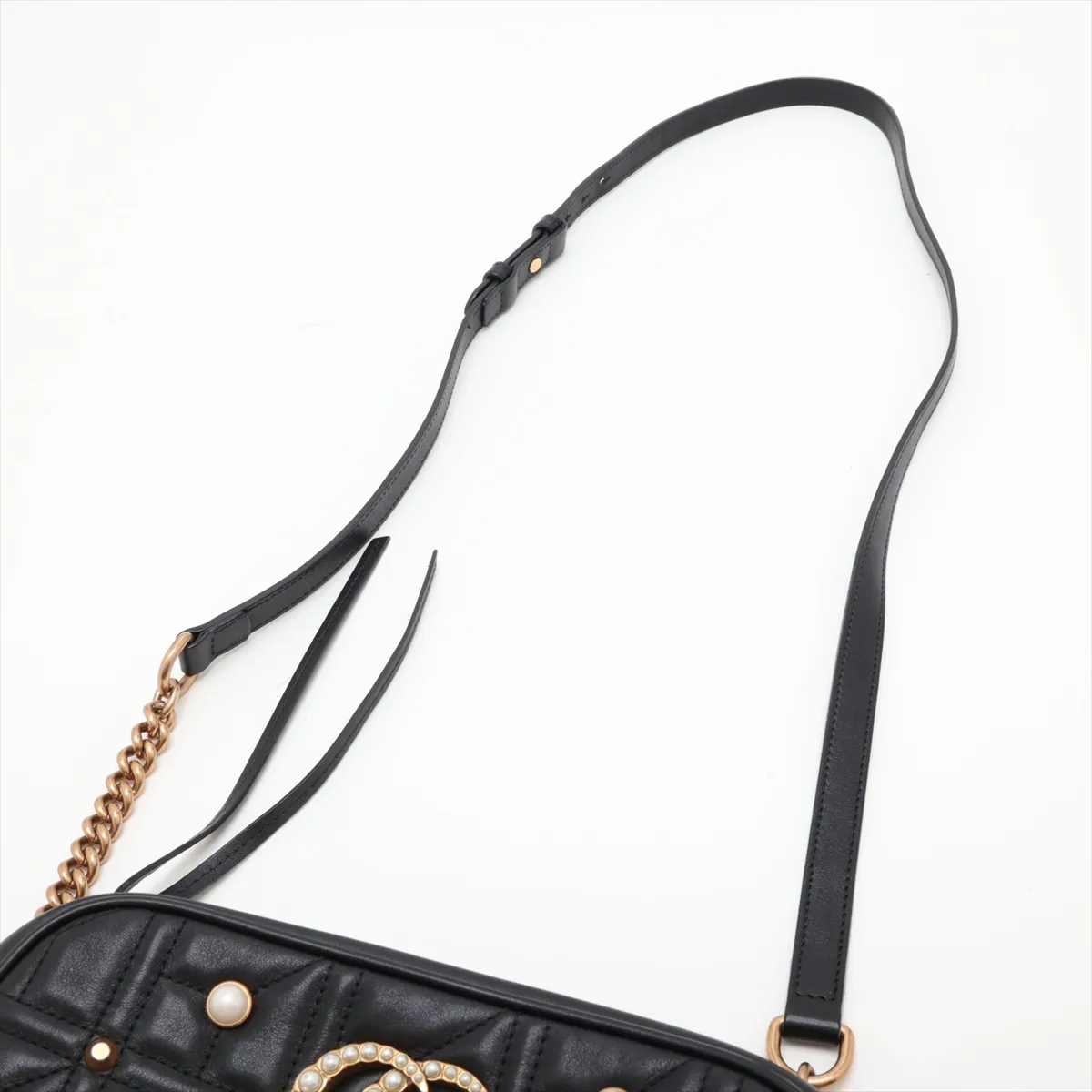 GG Marmont 447632 Leather x Pearl Chain Shoulder Bag, Black — view 5