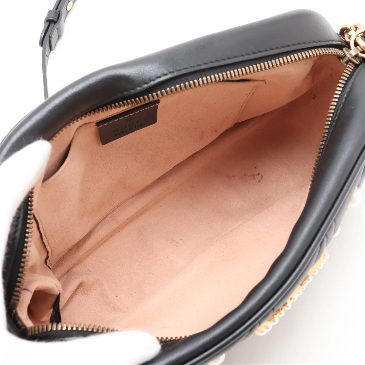 GG Marmont 447632 Leather x Pearl Chain Shoulder Bag, Black — view 6