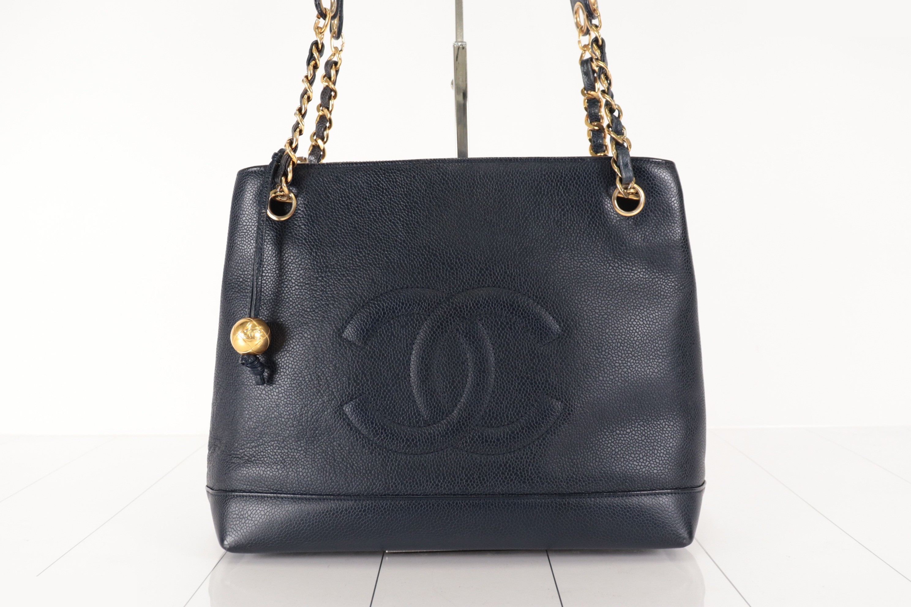 Coco Mark Caviar Chain Tote, Navy, Unit 2 — view 2