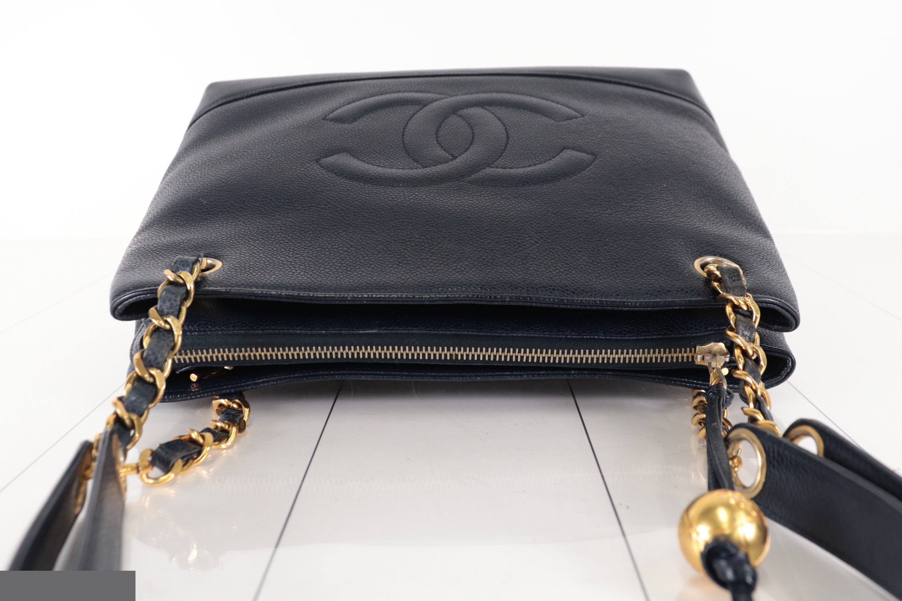 Coco Mark Caviar Chain Tote, Navy, Unit 2 — view 6