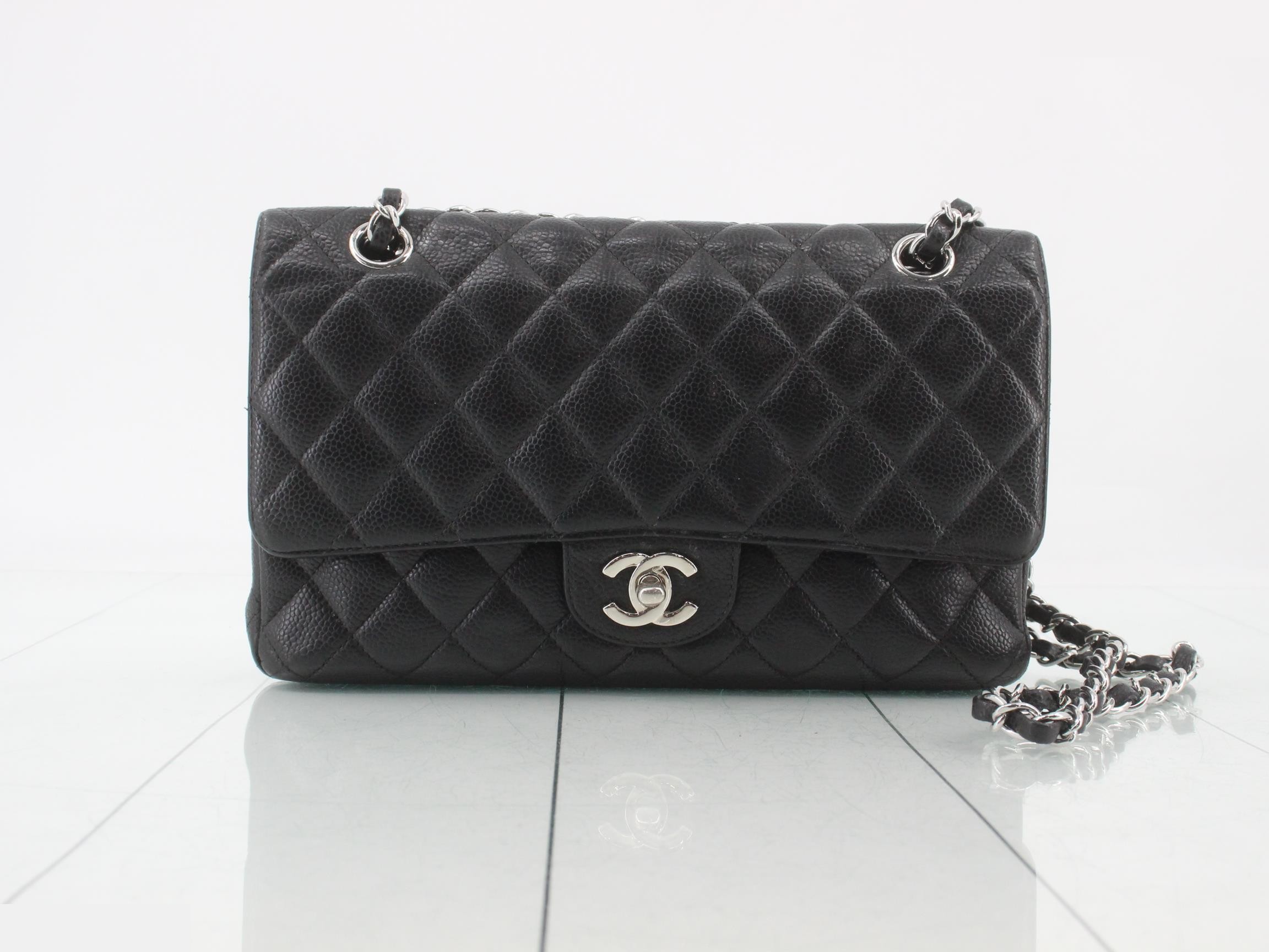 Caviar leather Matelassé 25 bag, black, silver hardware, serial number 12.