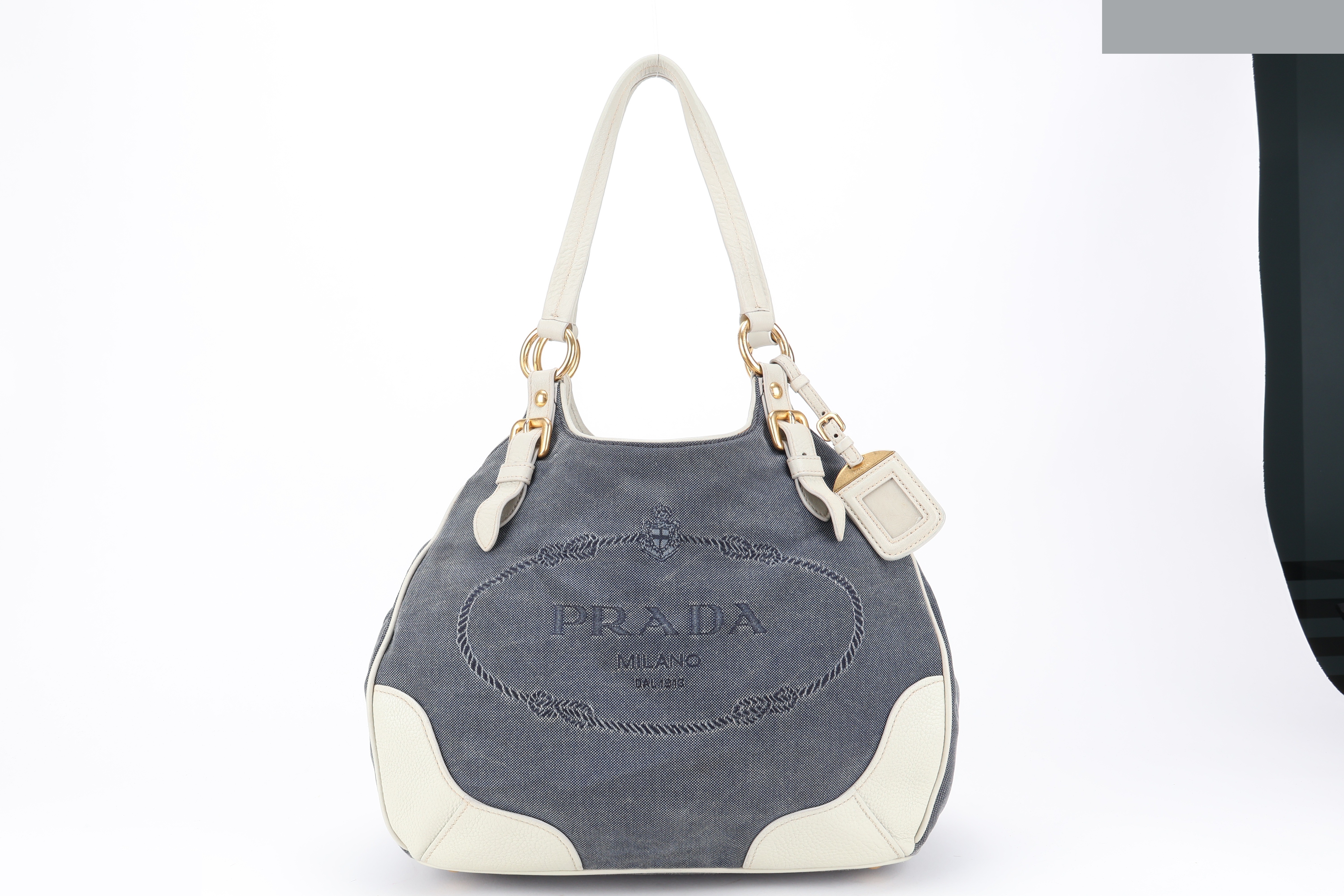 BLUE DENIM WHITE LEATHER TOTE BAG GHW