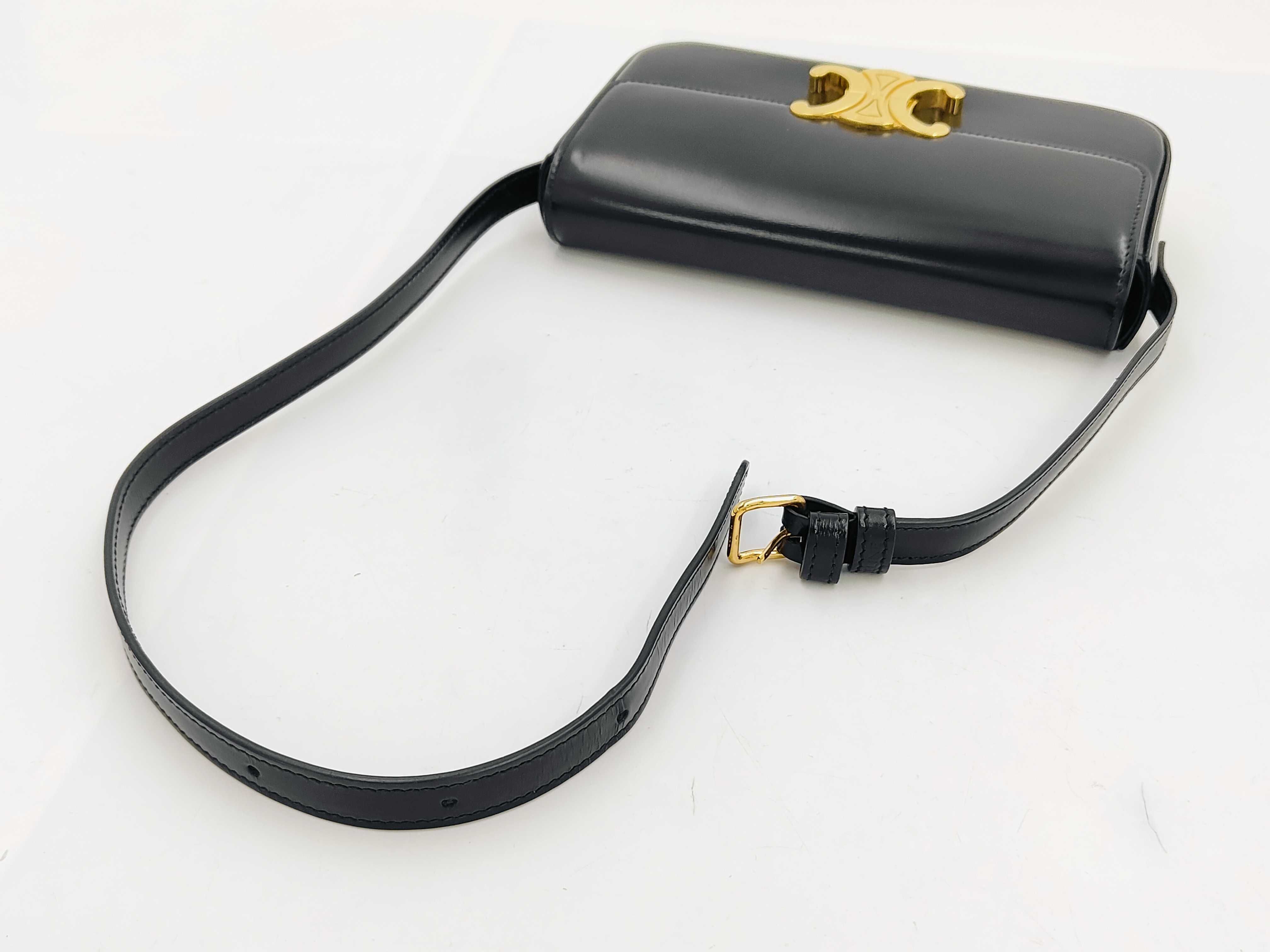 Triomphe Black Calfskin Leather Shoulder Bag with Gold Hardware and Leather Strap — view 3