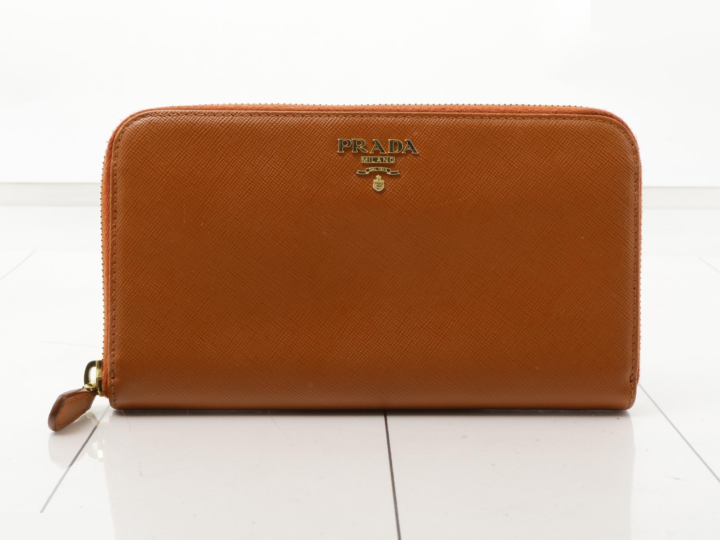 Round zipper long wallet, orange, leather