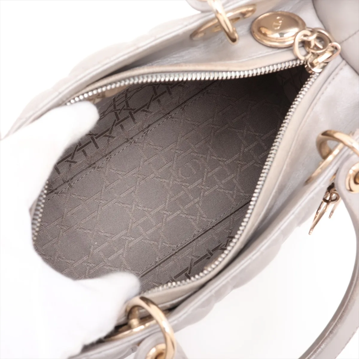 Cannage Lady Dior Leather Handbag, Silver — view 7