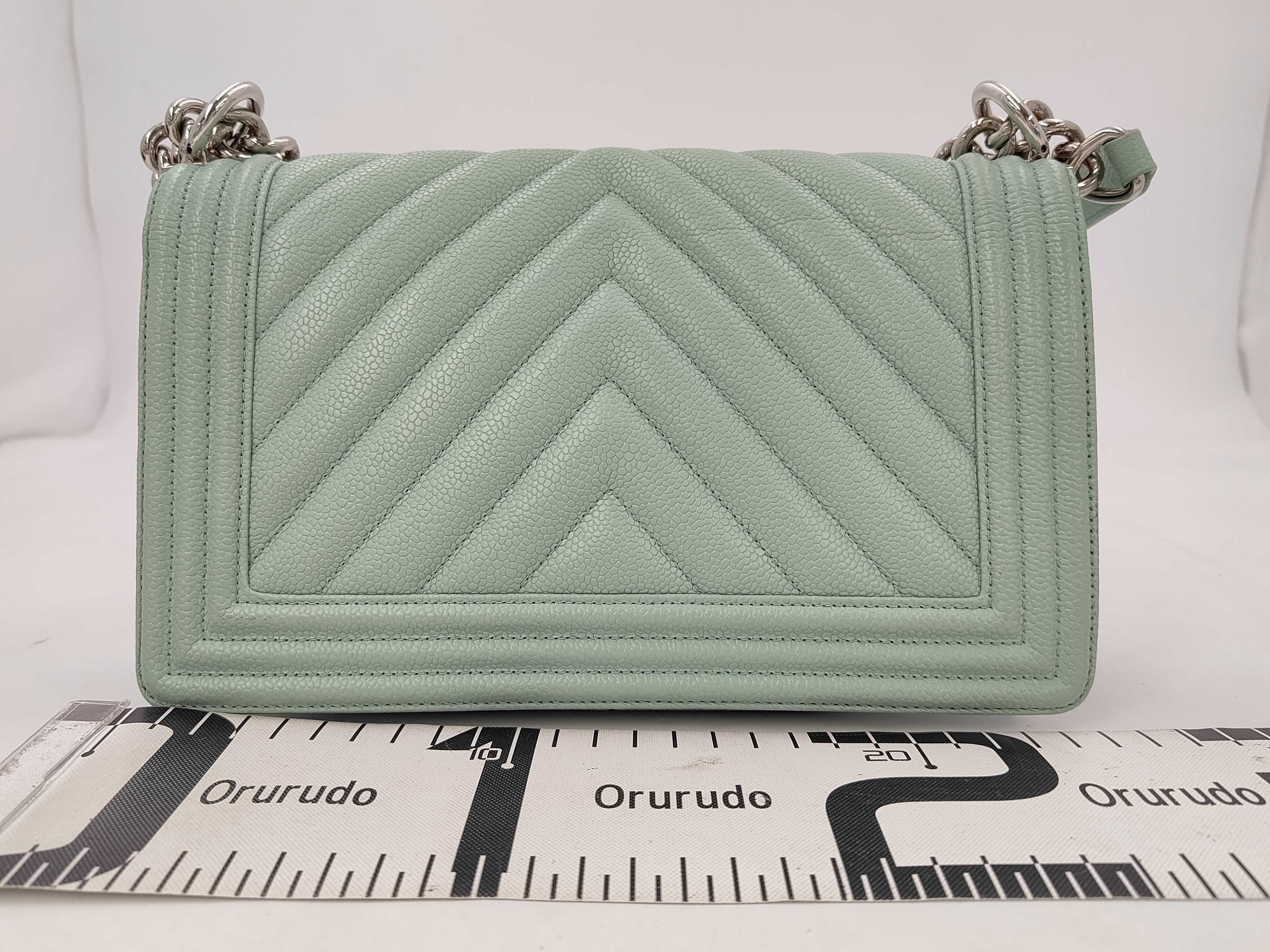 Boy Chanel Chain Shoulder Bag, Mint Green Caviar Leather, Chevron Pattern, Silver Hardware. — view 2