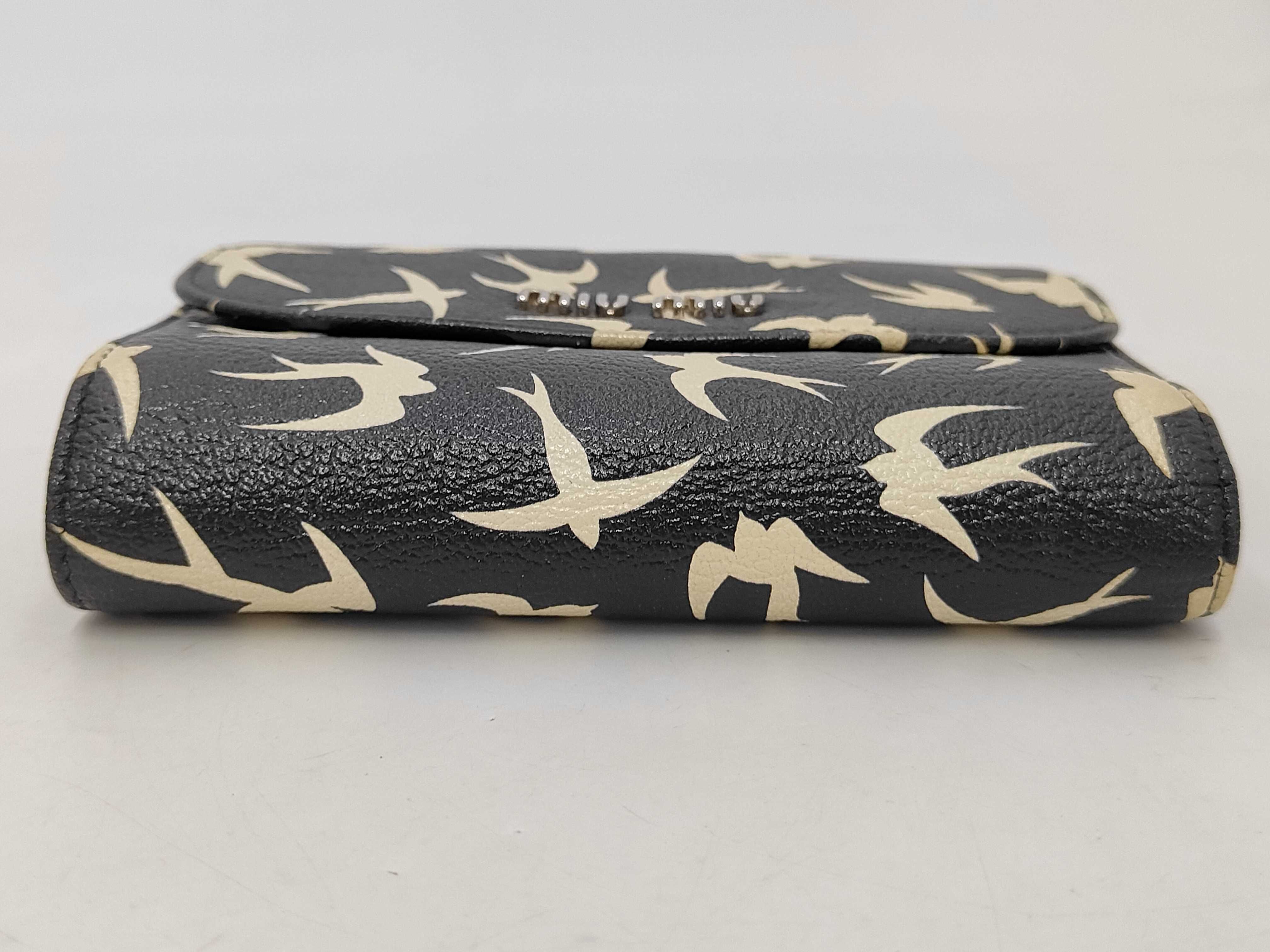 Miu Swallow print Madras leather L-shaped zipper trifold wallet, black. — view 4