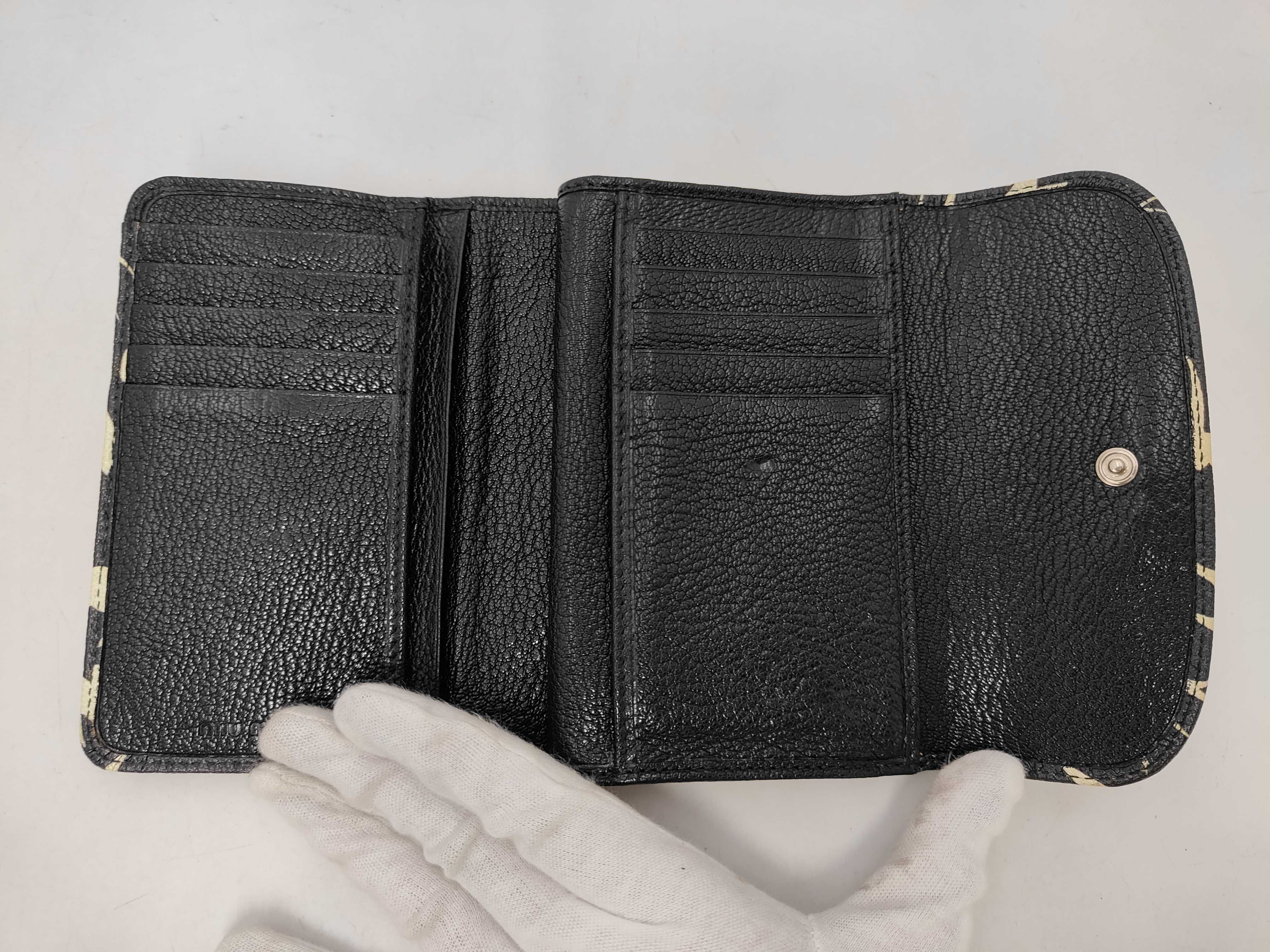 Miu Swallow print Madras leather L-shaped zipper trifold wallet, black. — view 5