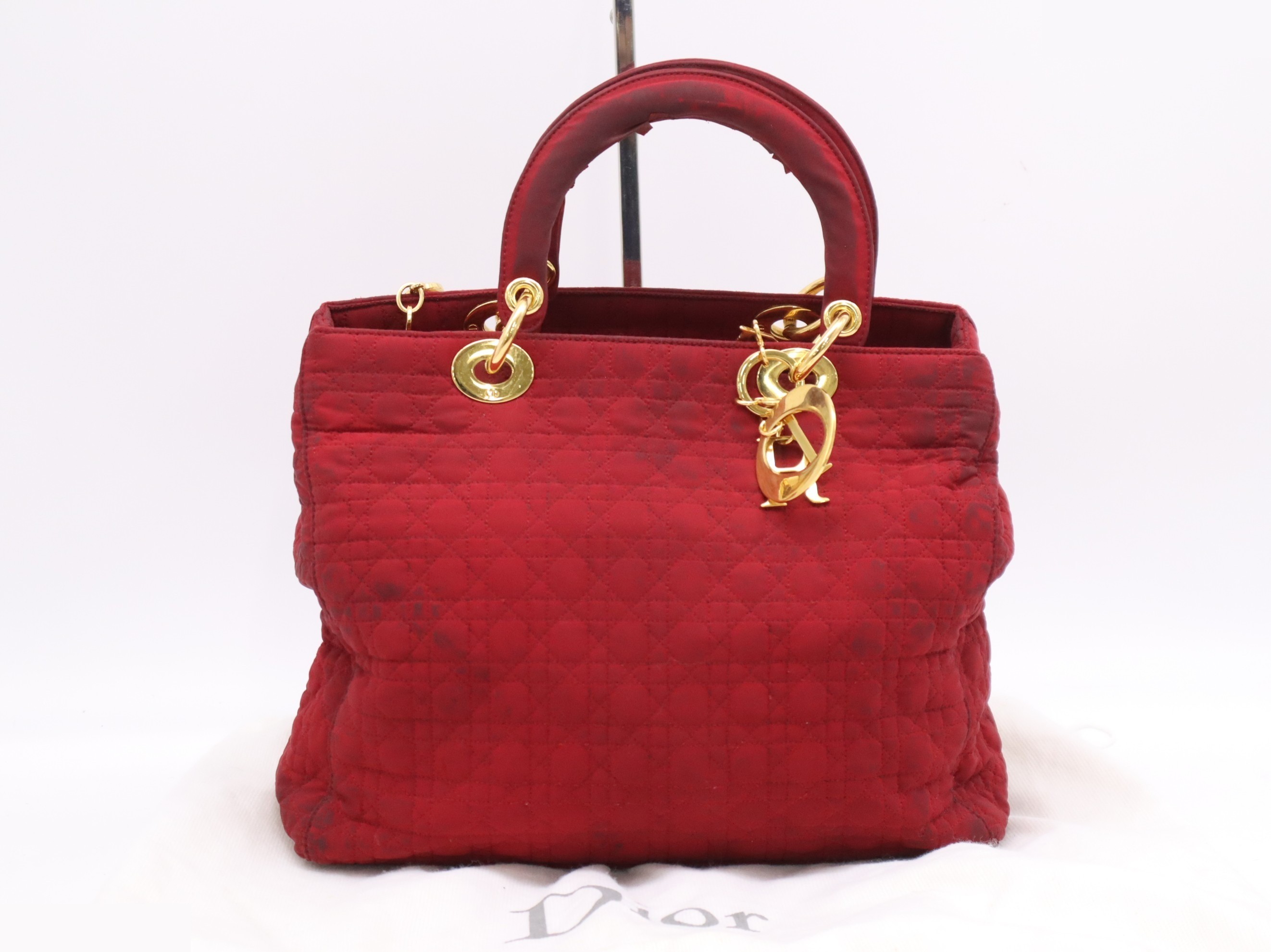 Nylon Cannage Lady Dior Large Red GD Hardware Storage Bag Included