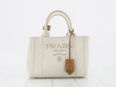 Canapa handbag, white x brown canvas x leather