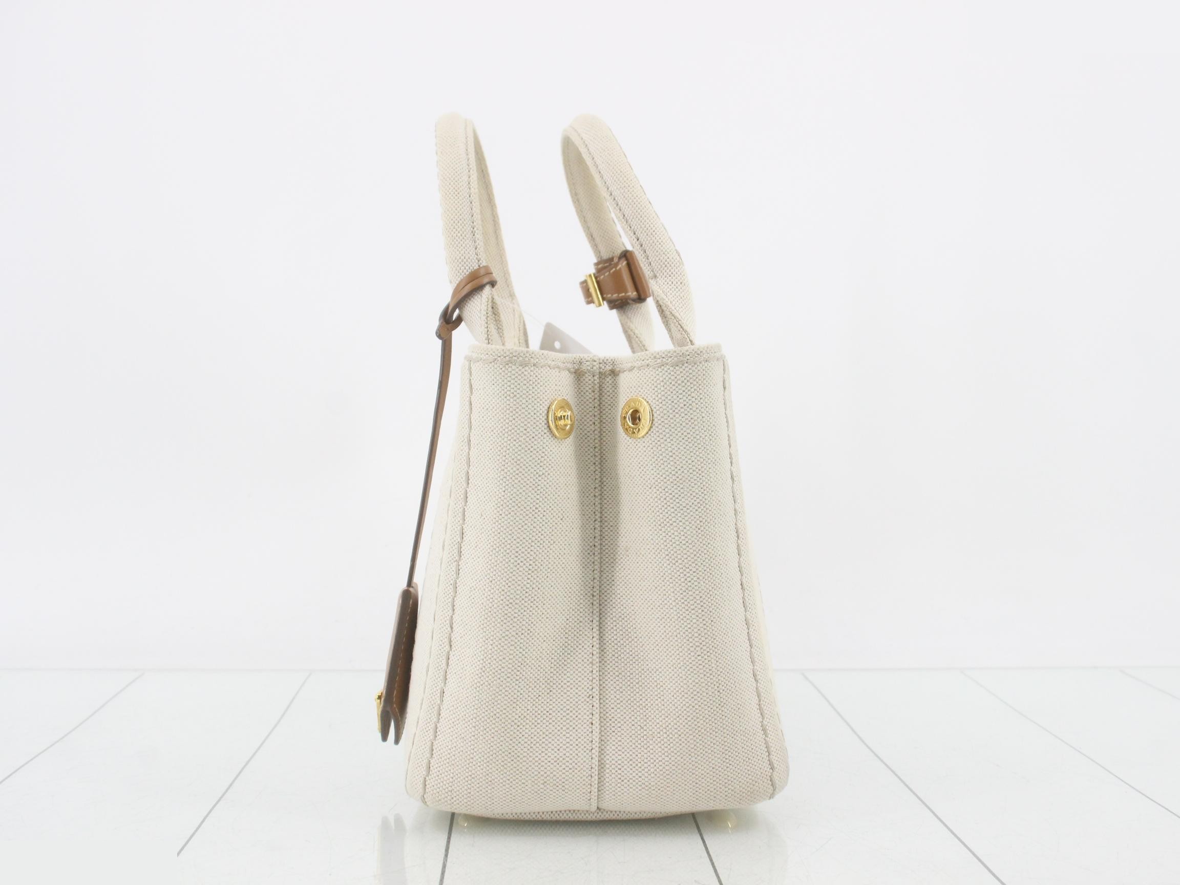 Canapa handbag, white x brown canvas x leather — view 3