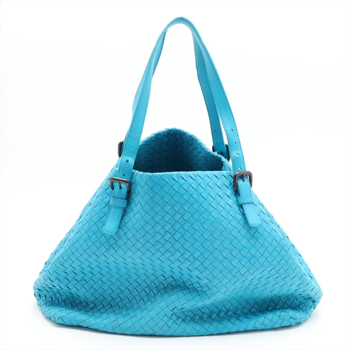 Intrecciato Leather Tote Bag, Blue — view 2