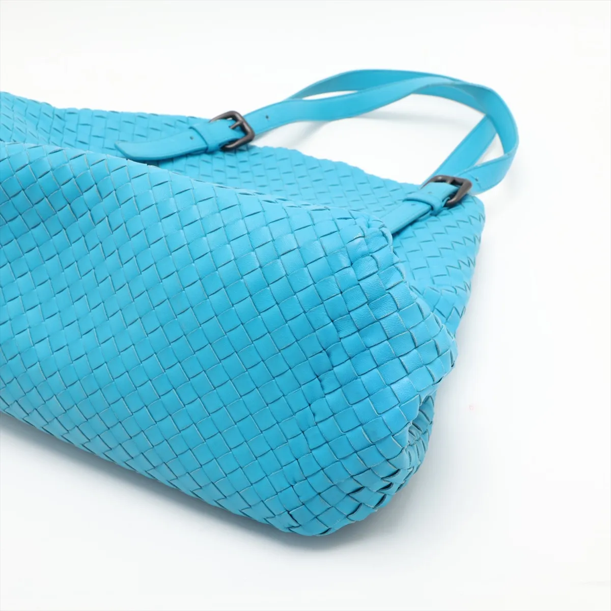 Intrecciato Leather Tote Bag, Blue — view 3