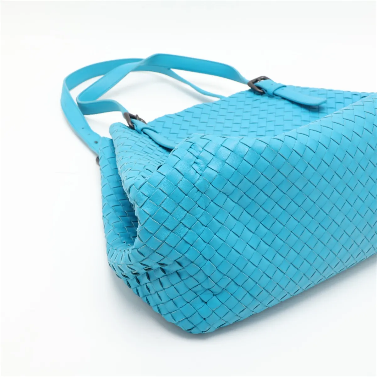 Intrecciato Leather Tote Bag, Blue — view 4