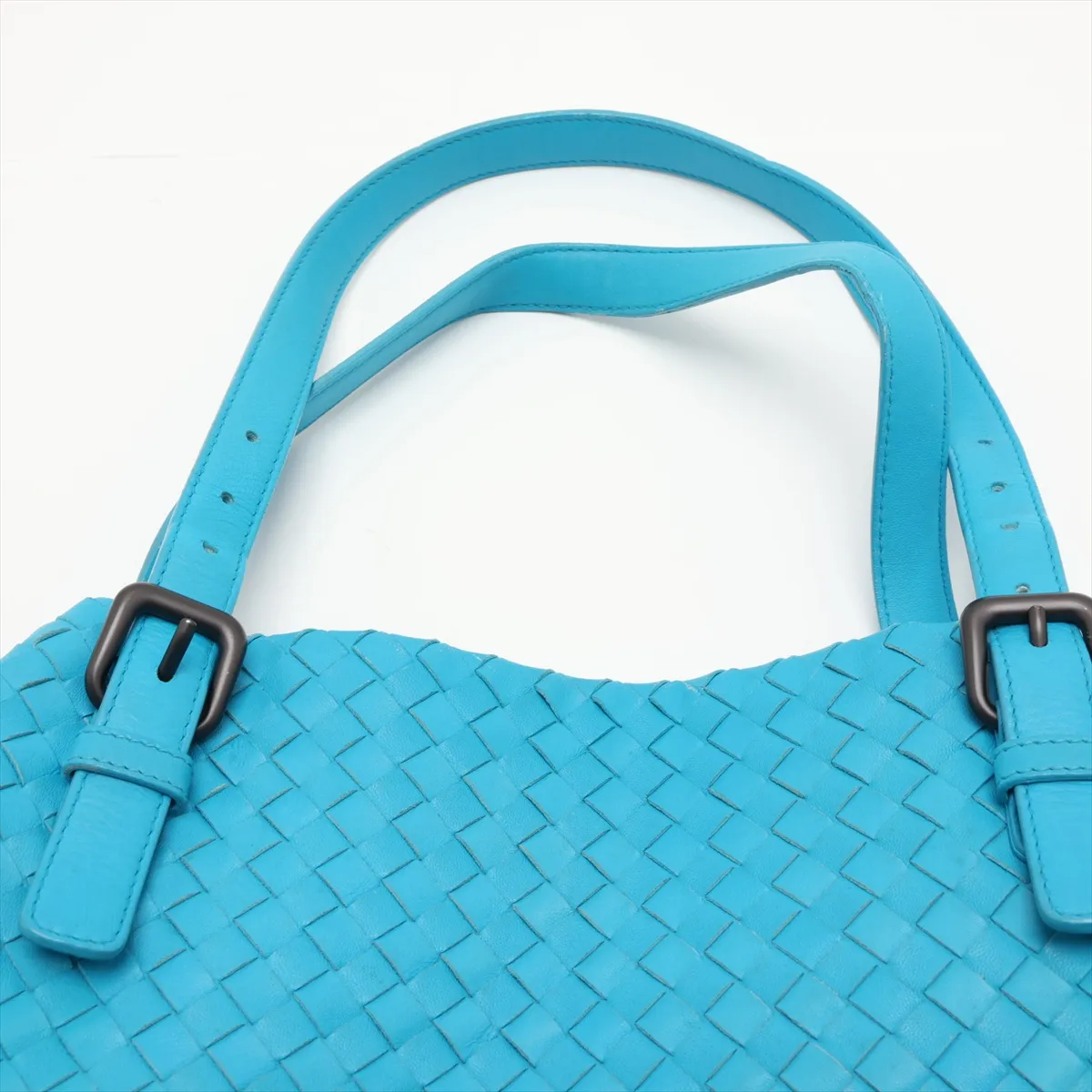 Intrecciato Leather Tote Bag, Blue — view 6