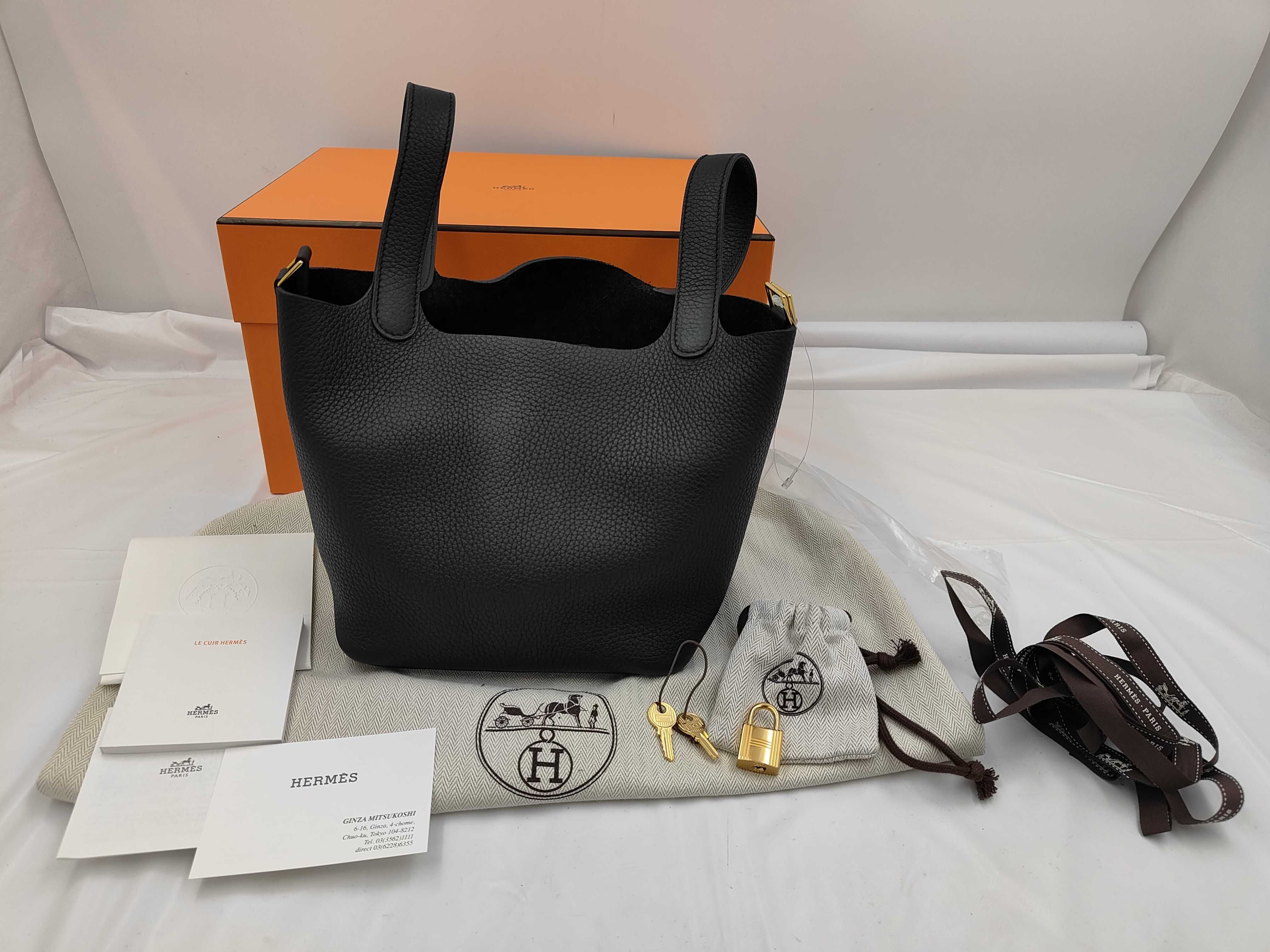Picotin Lock PM, K stamp, Taurillon Clemence leather, black, gold hardware, 2 keys, padlock, dust bag, box.