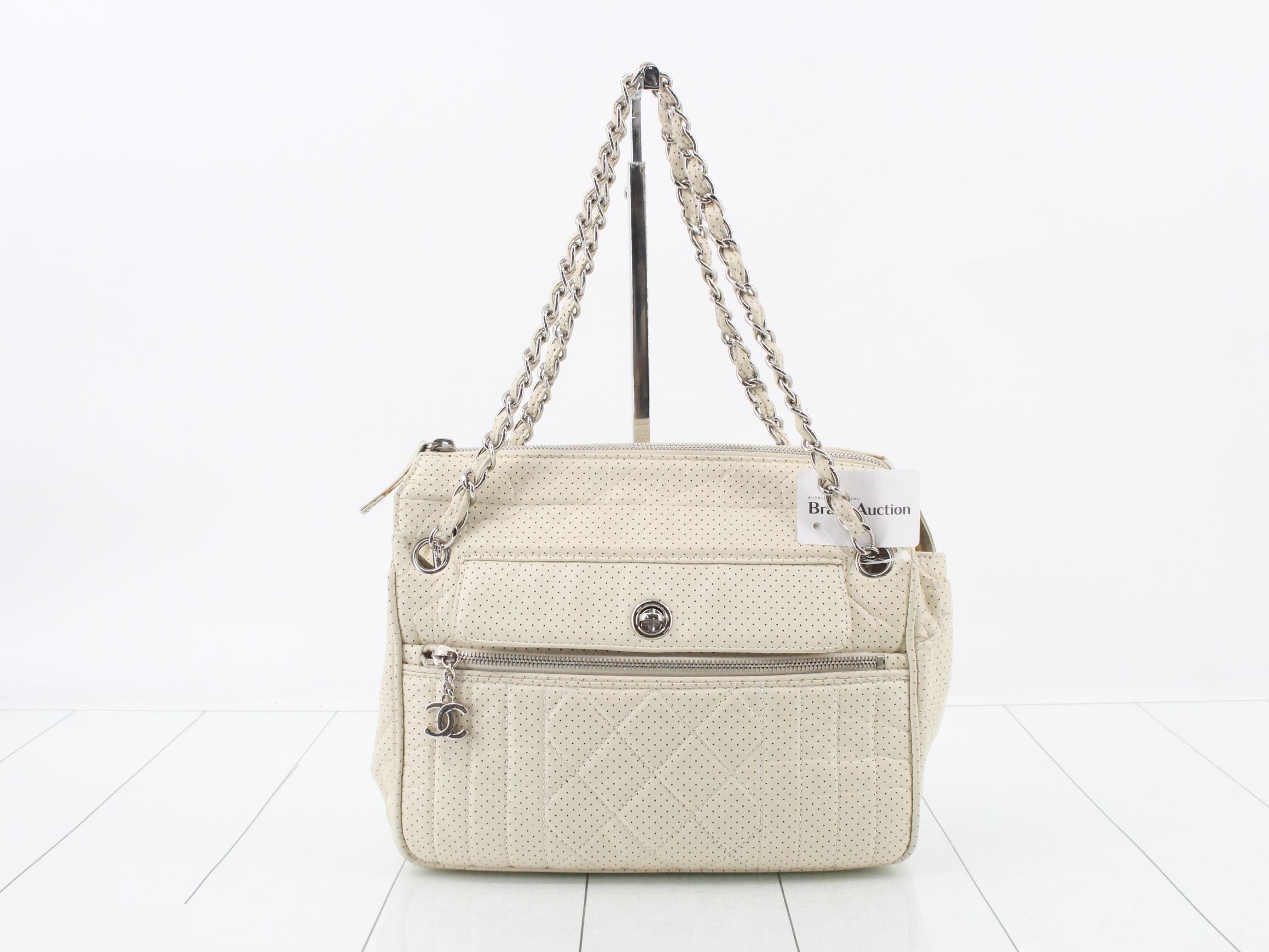 Matelassé Chain Bowling Bag, Perforated Lambskin, Ivory, Item No. 11