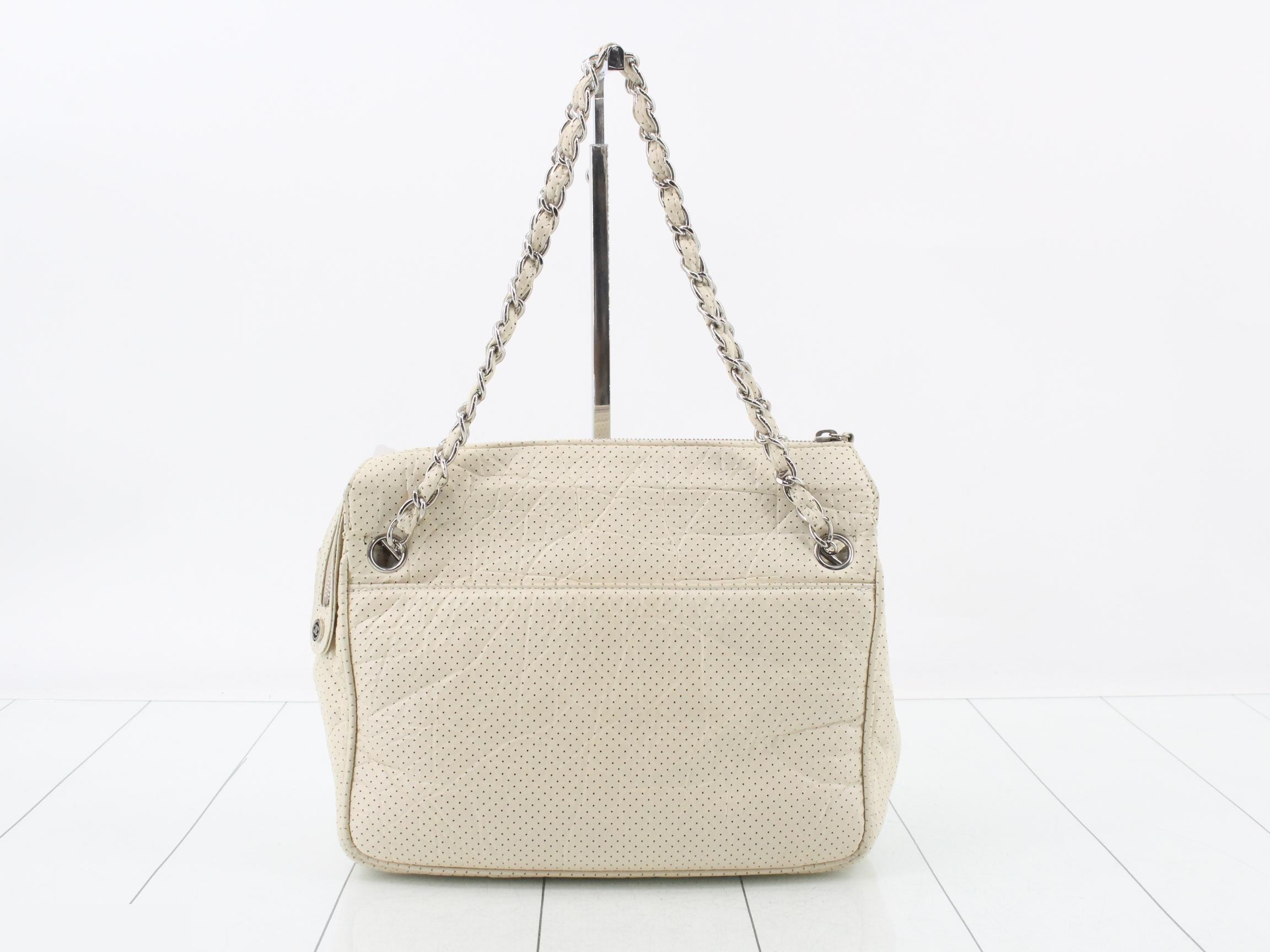 Matelassé Chain Bowling Bag, Perforated Lambskin, Ivory, Item No. 11 — view 2