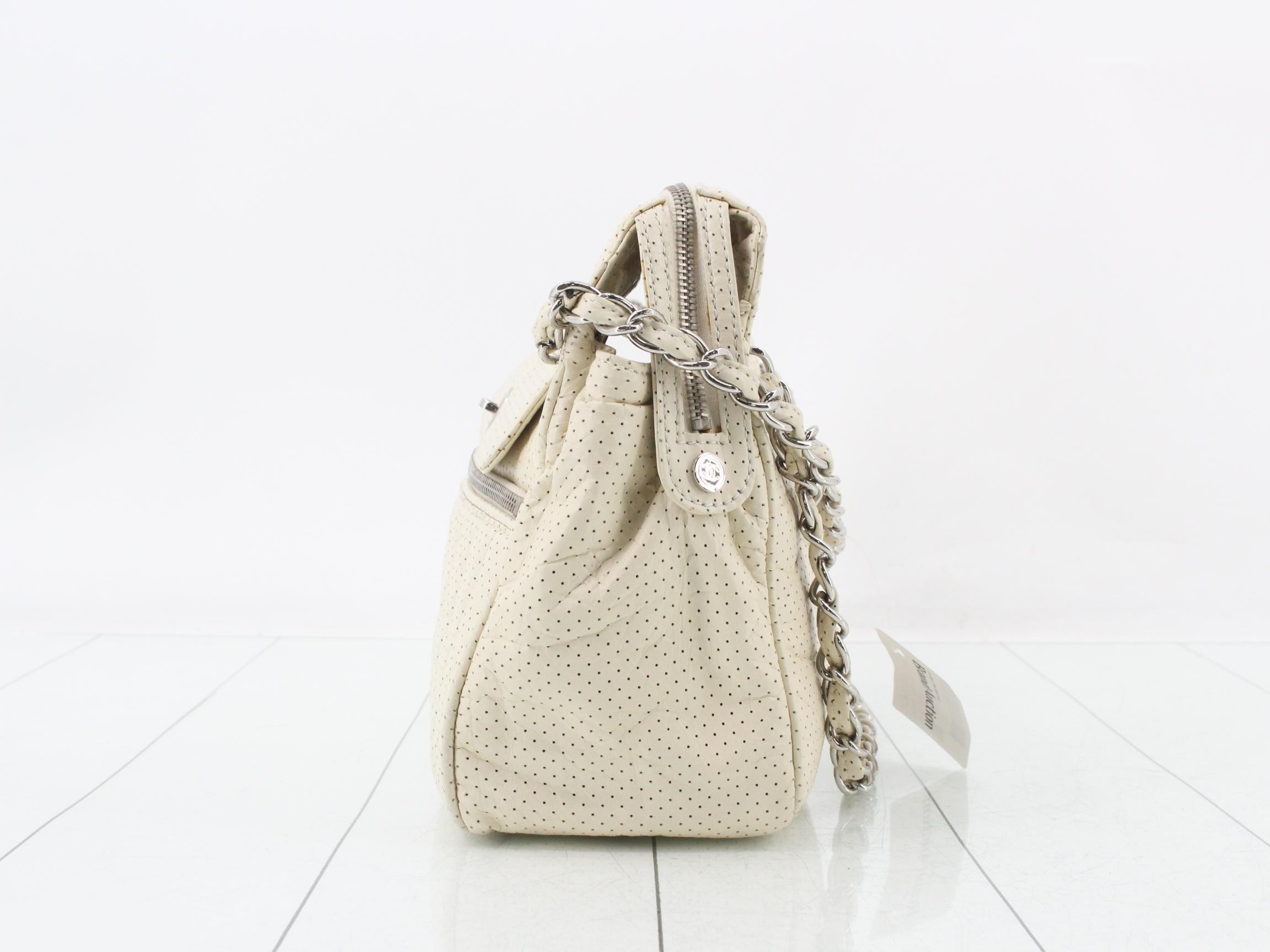 Matelassé Chain Bowling Bag, Perforated Lambskin, Ivory, Item No. 11 — view 3
