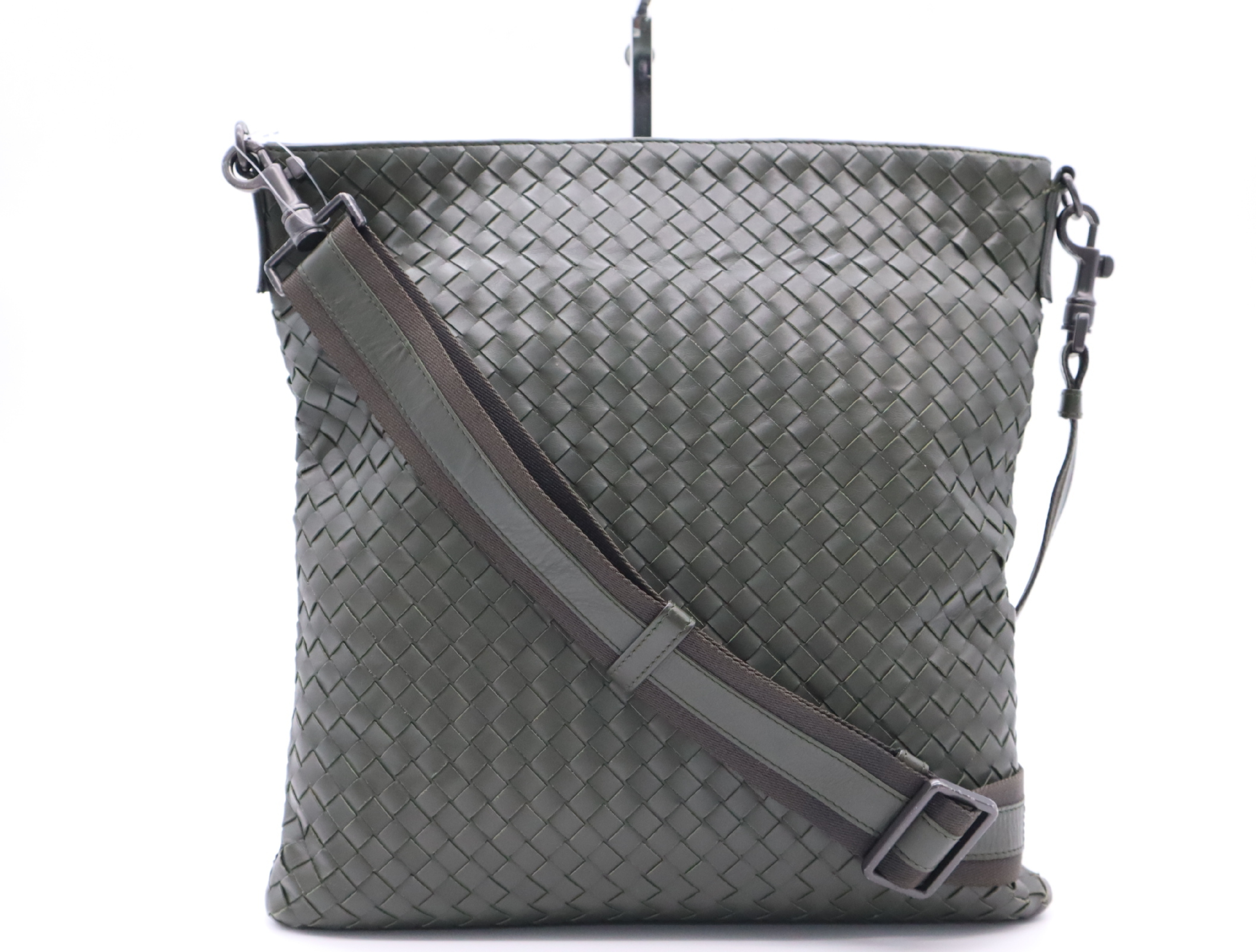 Leather Intrecciato Shoulder Bag, Khaki, with Shoulder Strap