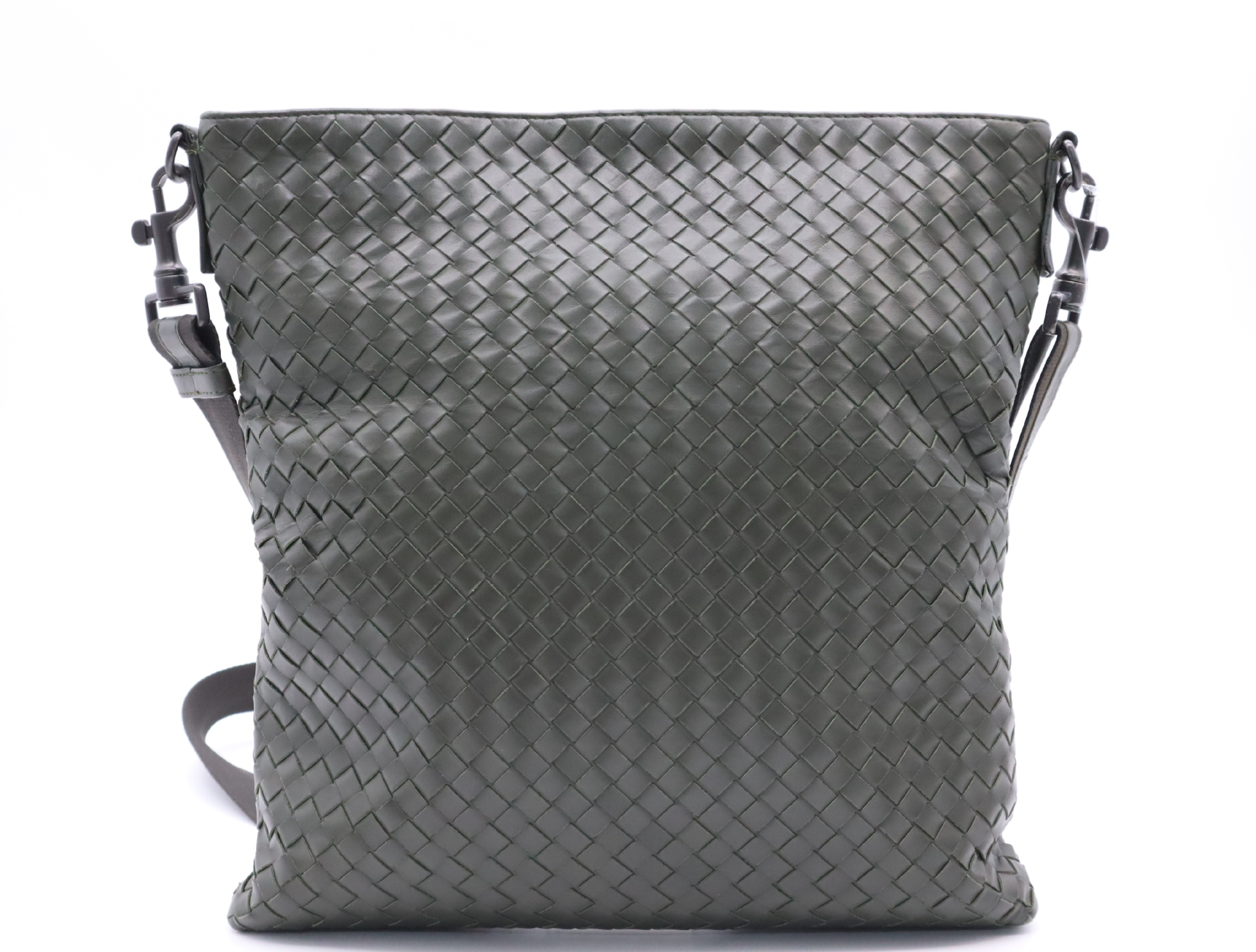 Leather Intrecciato Shoulder Bag, Khaki, with Shoulder Strap — view 2