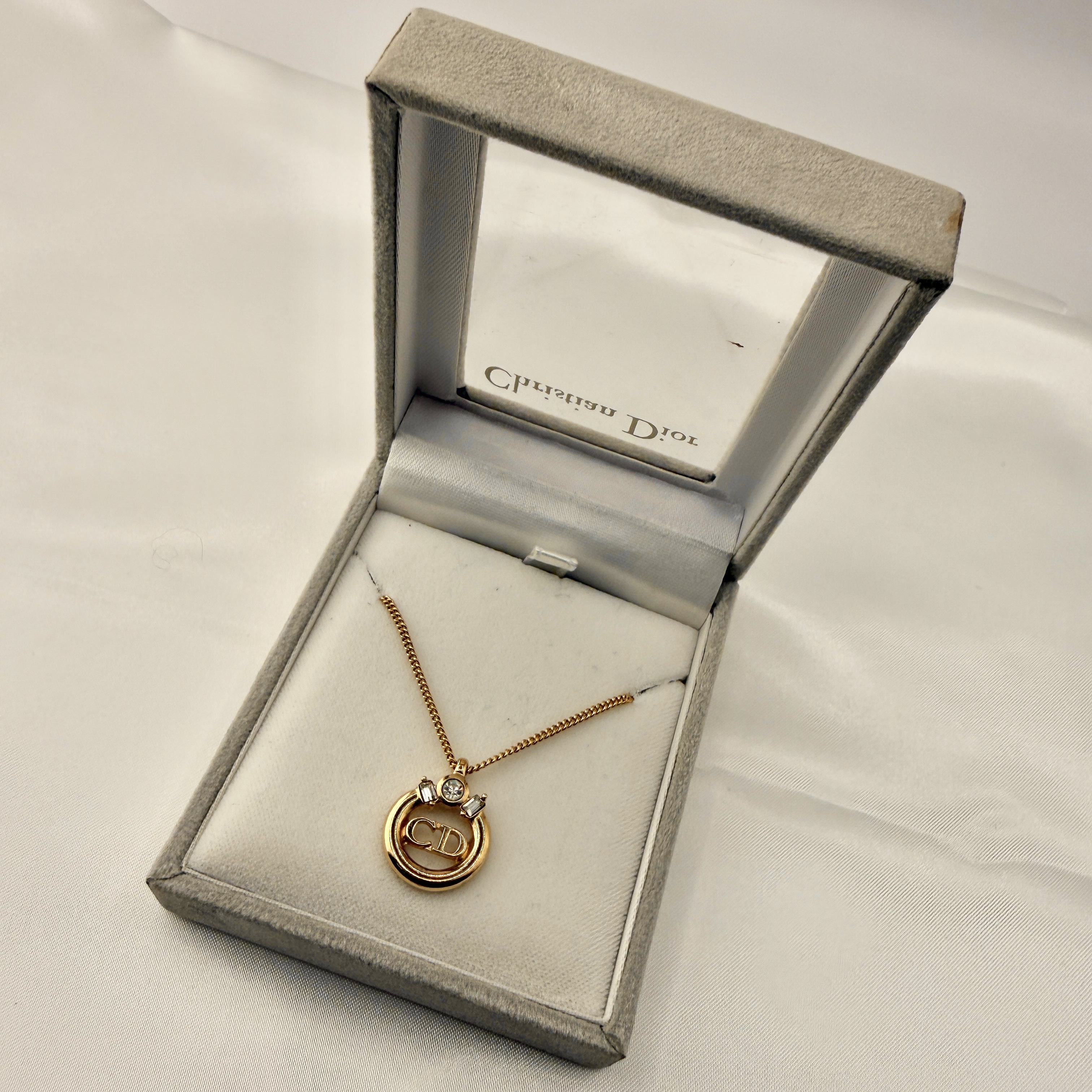 Necklace CD Logo Circle Rhinestone GP Gold Color with Box — view 8