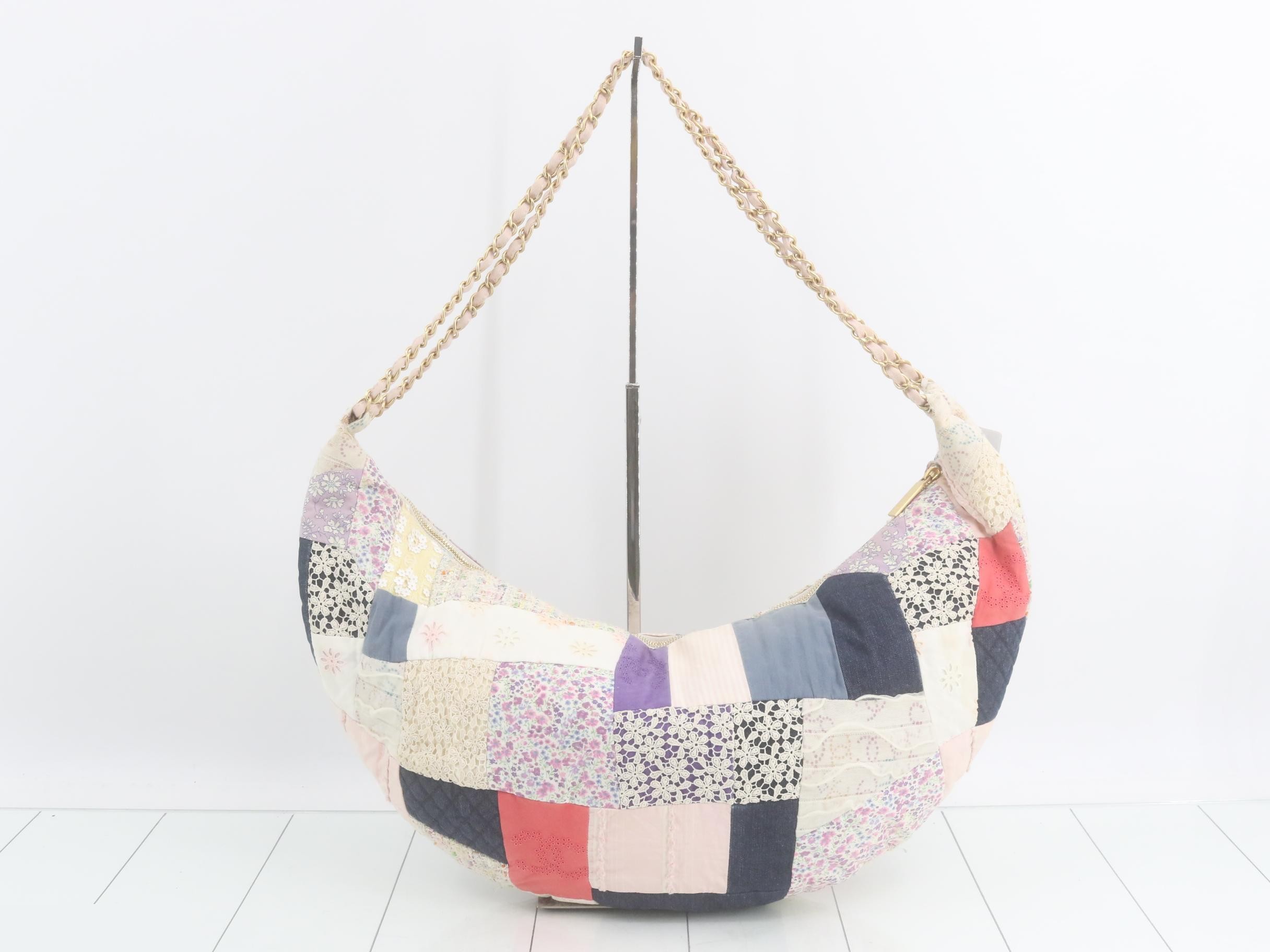 Patchwork Chain Shoulder Bag, Cotton, Multi-color, with Sticker — view 2