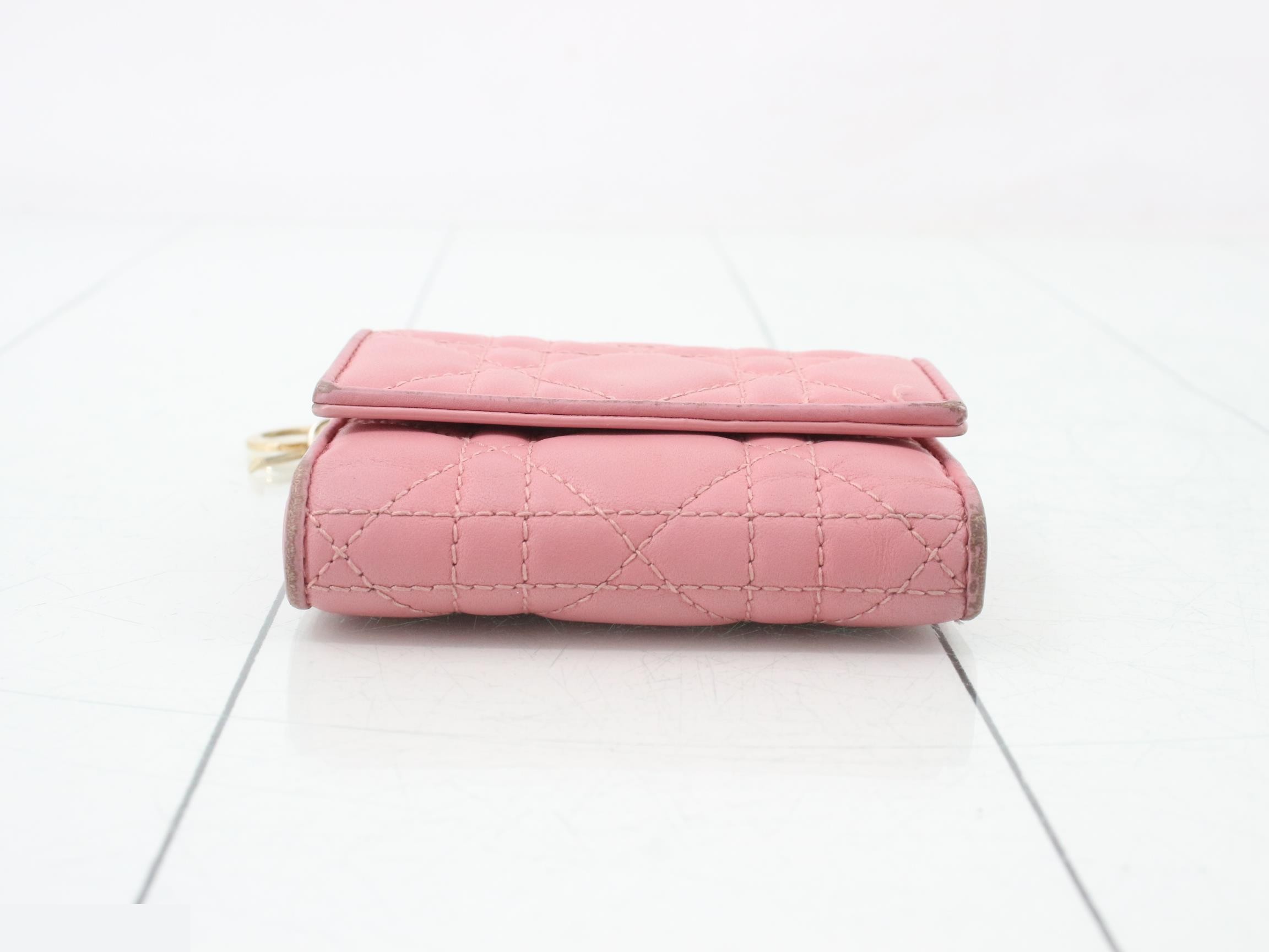 Lady Dior Tri-fold Wallet, Leather, Pink — view 3