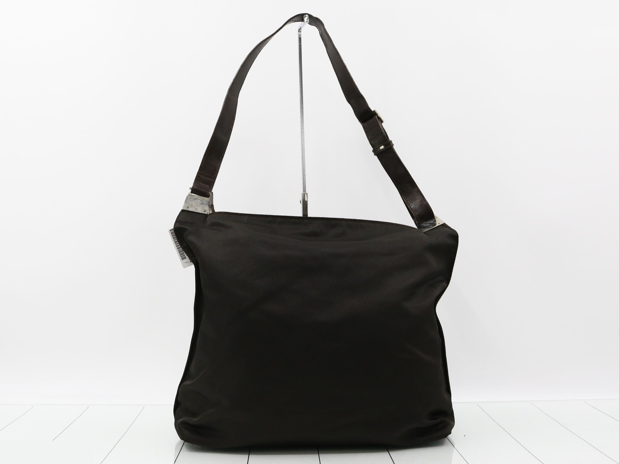 Nylon/Leather Shoulder Bag, Brown — view 2