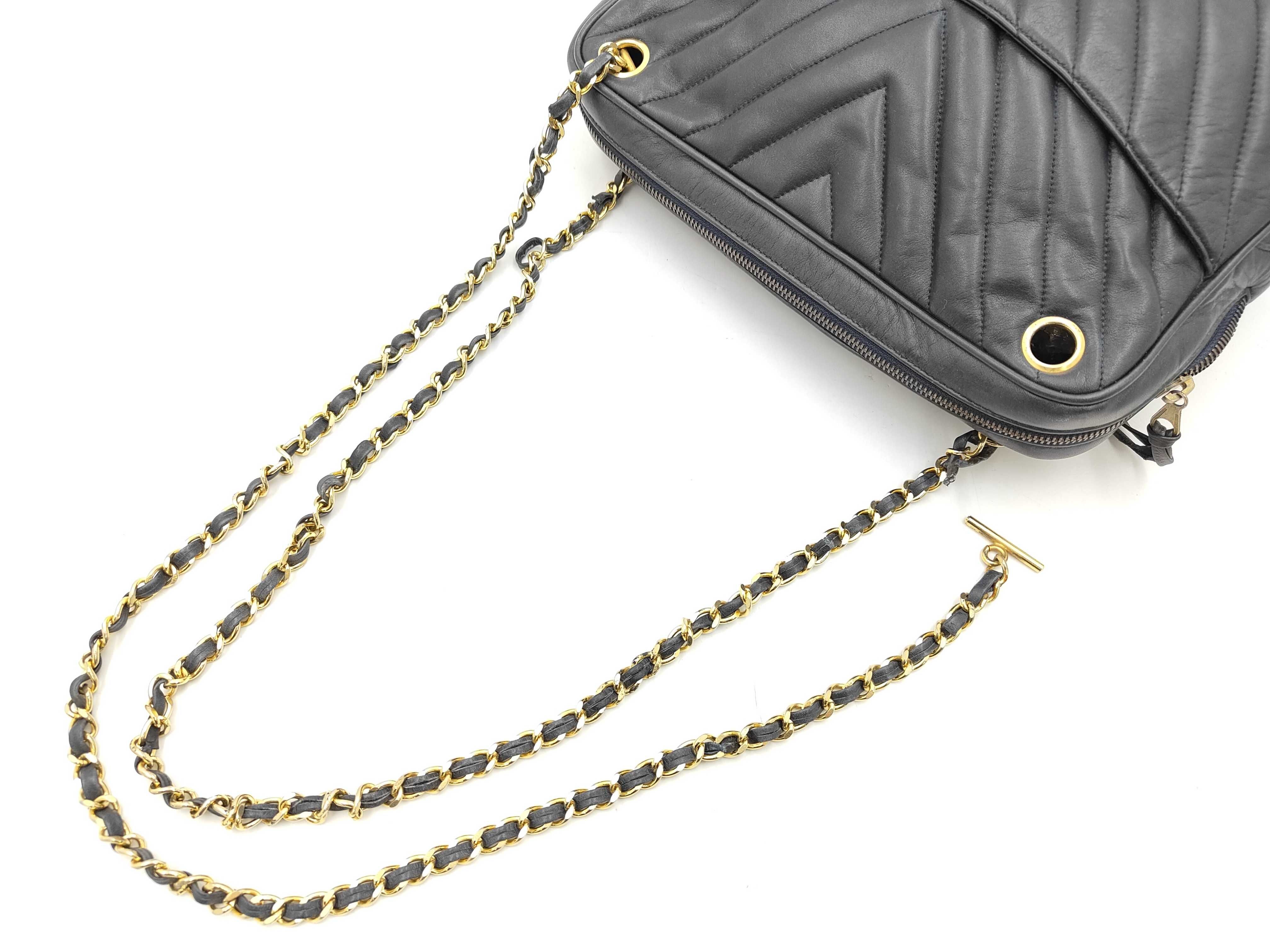 Shoulder Bag, V-Stitch, Navy Gold — view 3