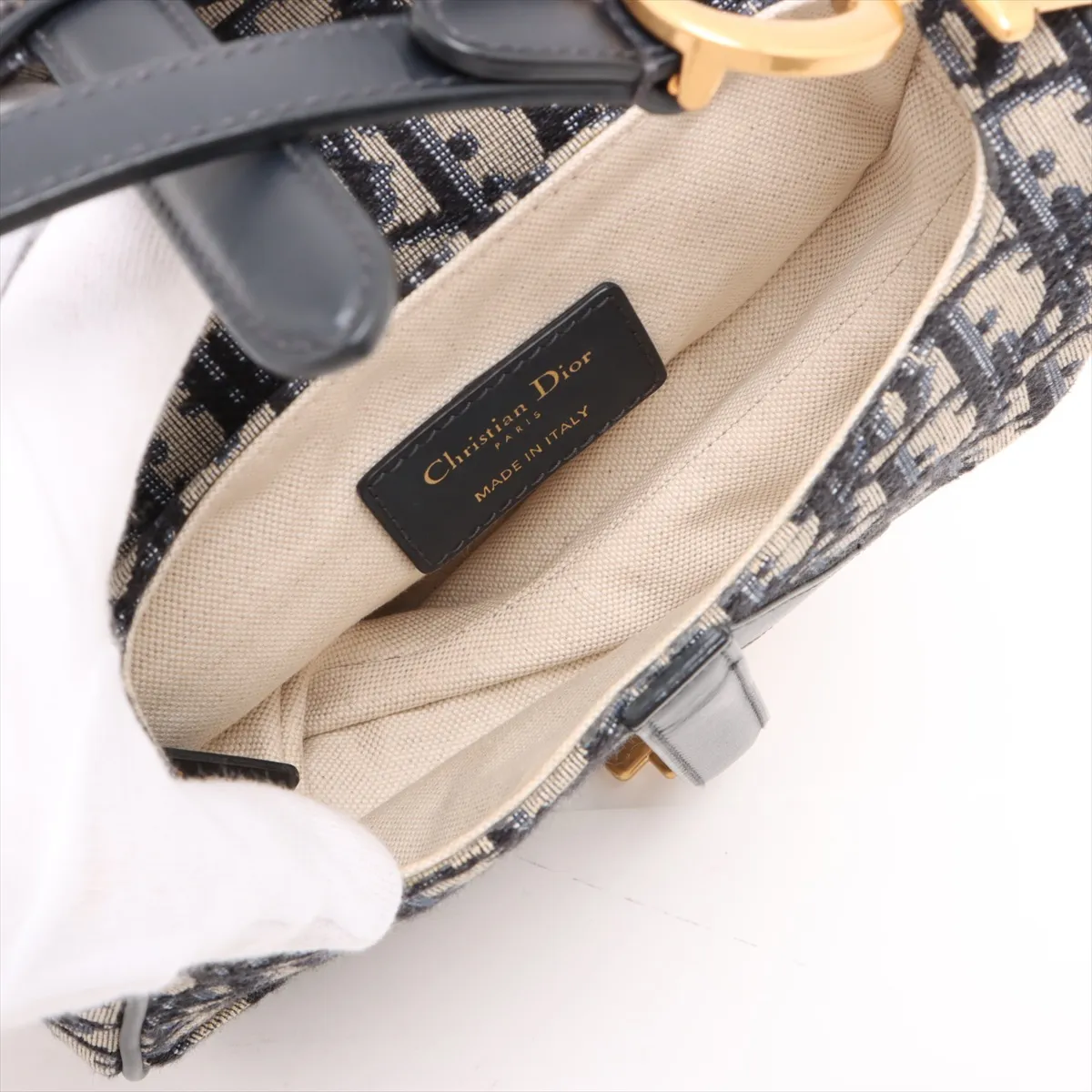 Oblique Saddle Bag Canvas x Leather Handbag Navy — view 7