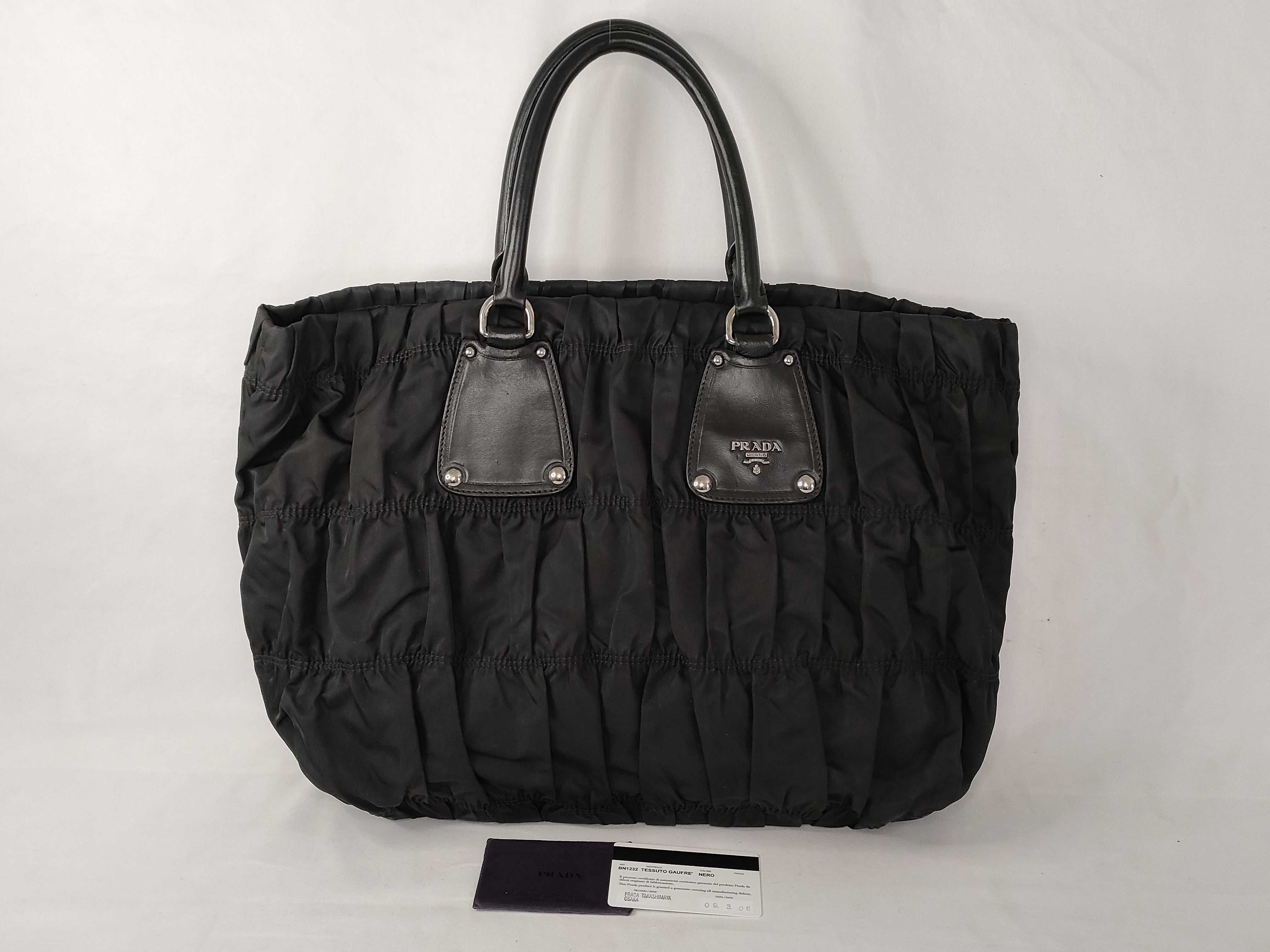 Nylon Prada Nylon Leather Gathered Tote Bag Black Serial Card Tote Bag
