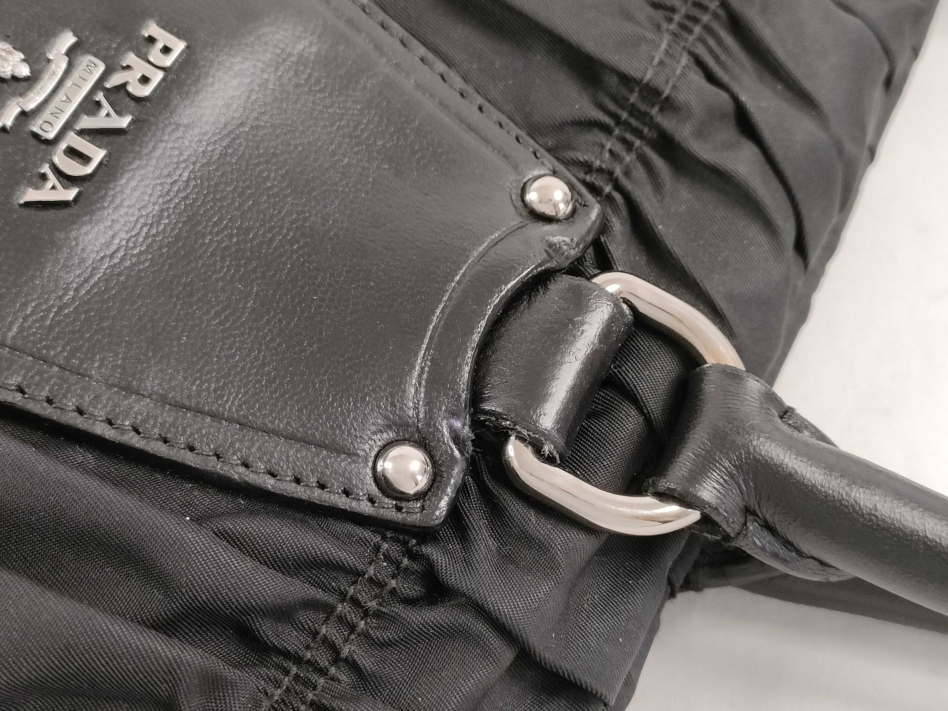 Nylon Prada Nylon Leather Gathered Tote Bag Black Serial Card Tote Bag — view 5