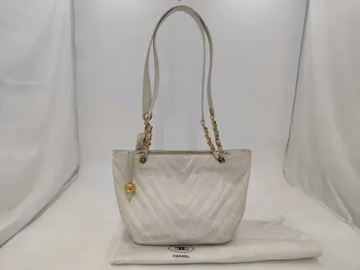 Caviar Skin V-Stitch Ball Charm Chain Tote Shoulder Bag