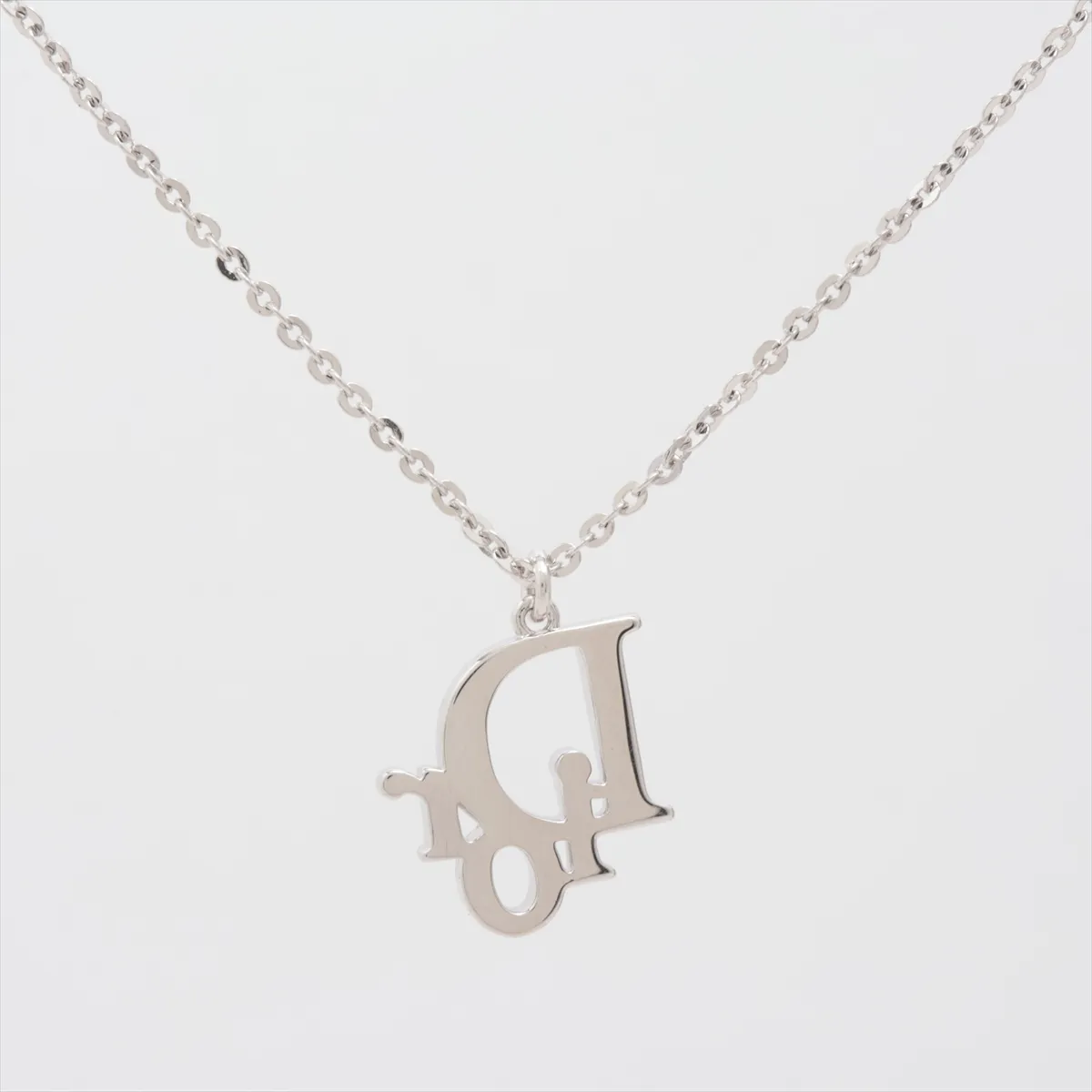 logo necklace, metal and rhinestones, silver. Shows wear, tarnishing, and discoloration. — view 2