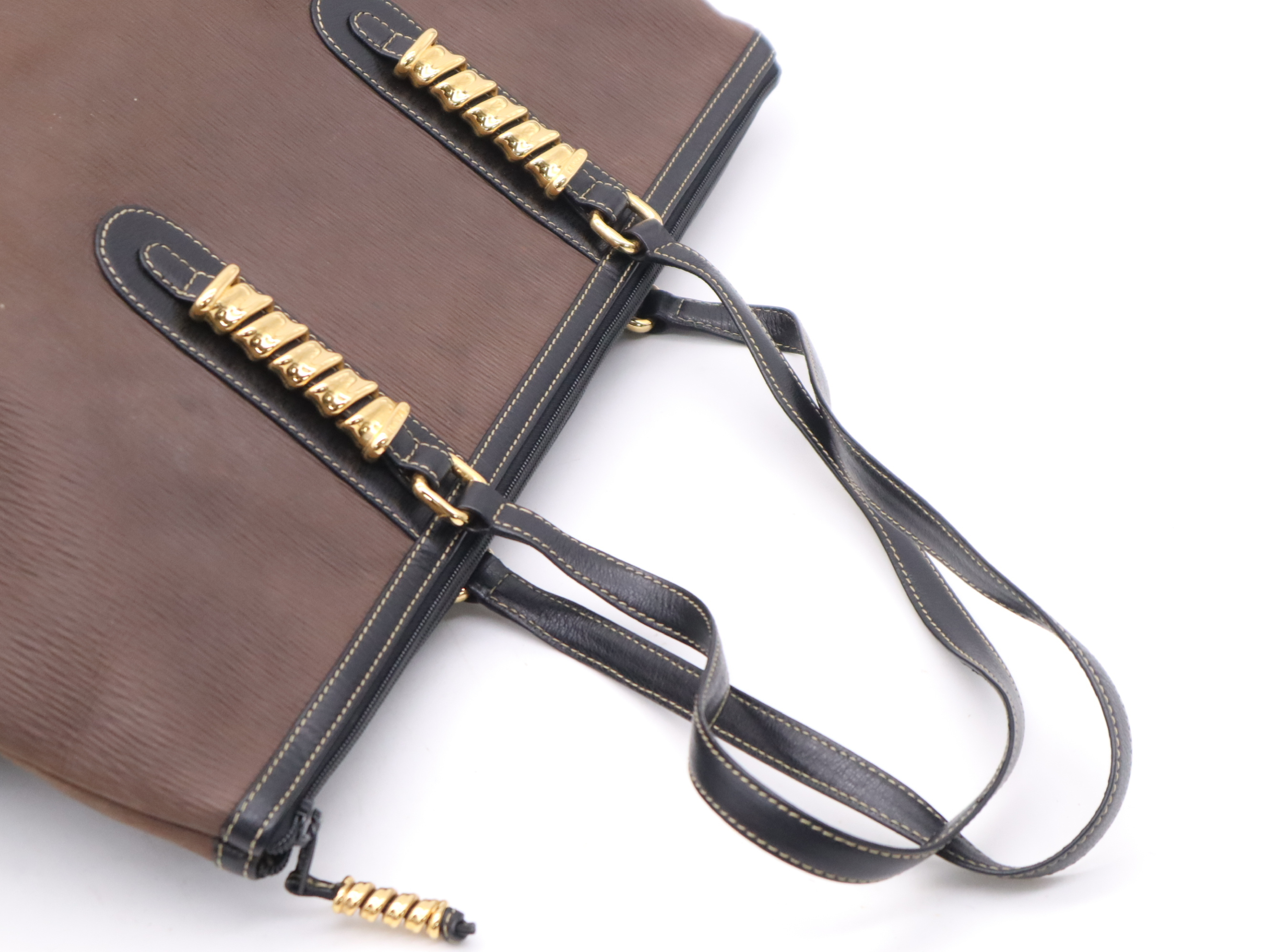 Leather Logo Tote Bag, Brown/Black, Gold Hardware, with Dust Bag — view 6