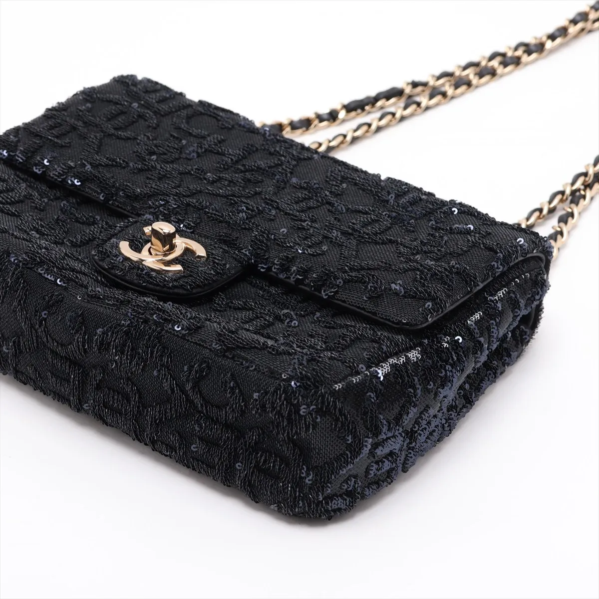 [Individually packaged] Chanel Coco Mark Sequin x Leather Single Flap Double Chain Bag Navy x Black Gold Hardware P2AJ7E2A Random Plate — view 3