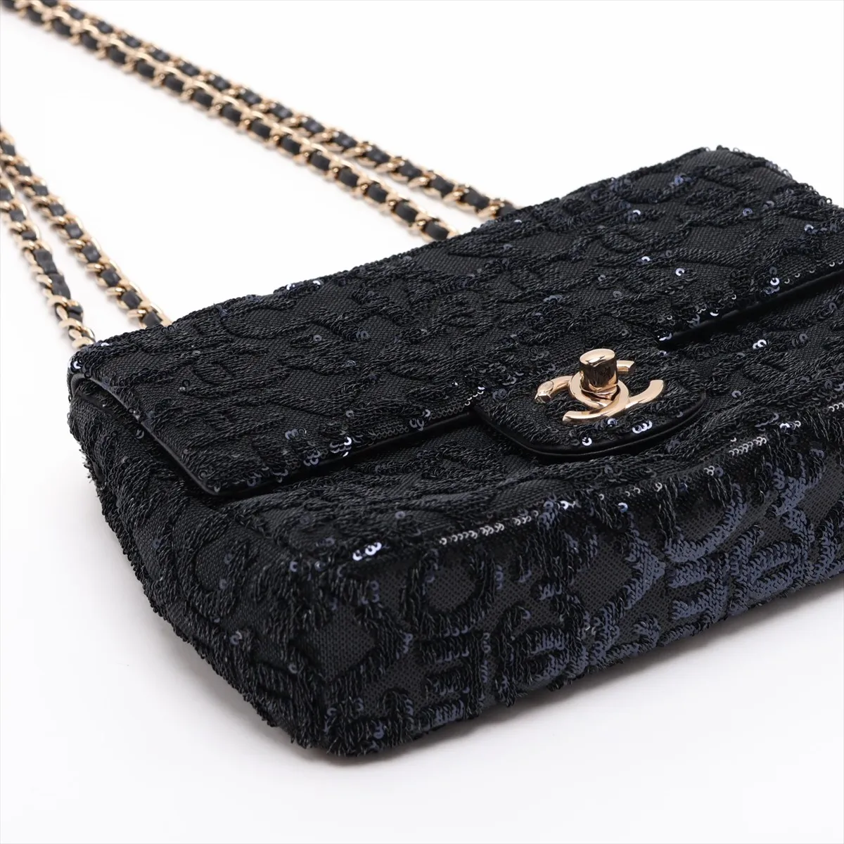 [Individually packaged] Chanel Coco Mark Sequin x Leather Single Flap Double Chain Bag Navy x Black Gold Hardware P2AJ7E2A Random Plate — view 4