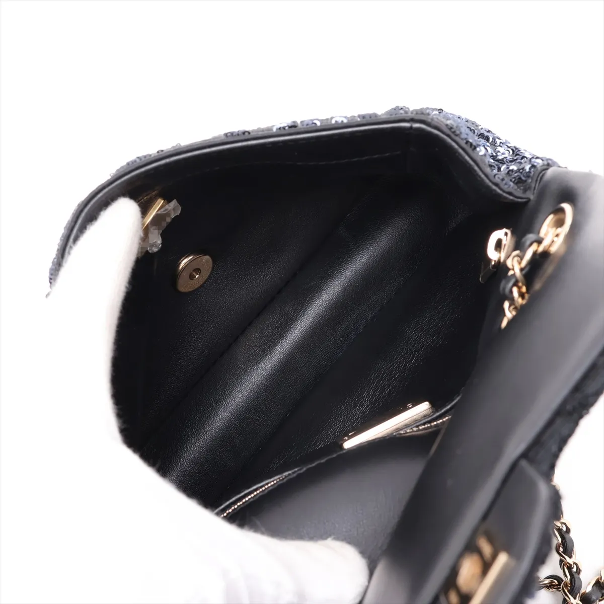 [Individually packaged] Chanel Coco Mark Sequin x Leather Single Flap Double Chain Bag Navy x Black Gold Hardware P2AJ7E2A Random Plate — view 7