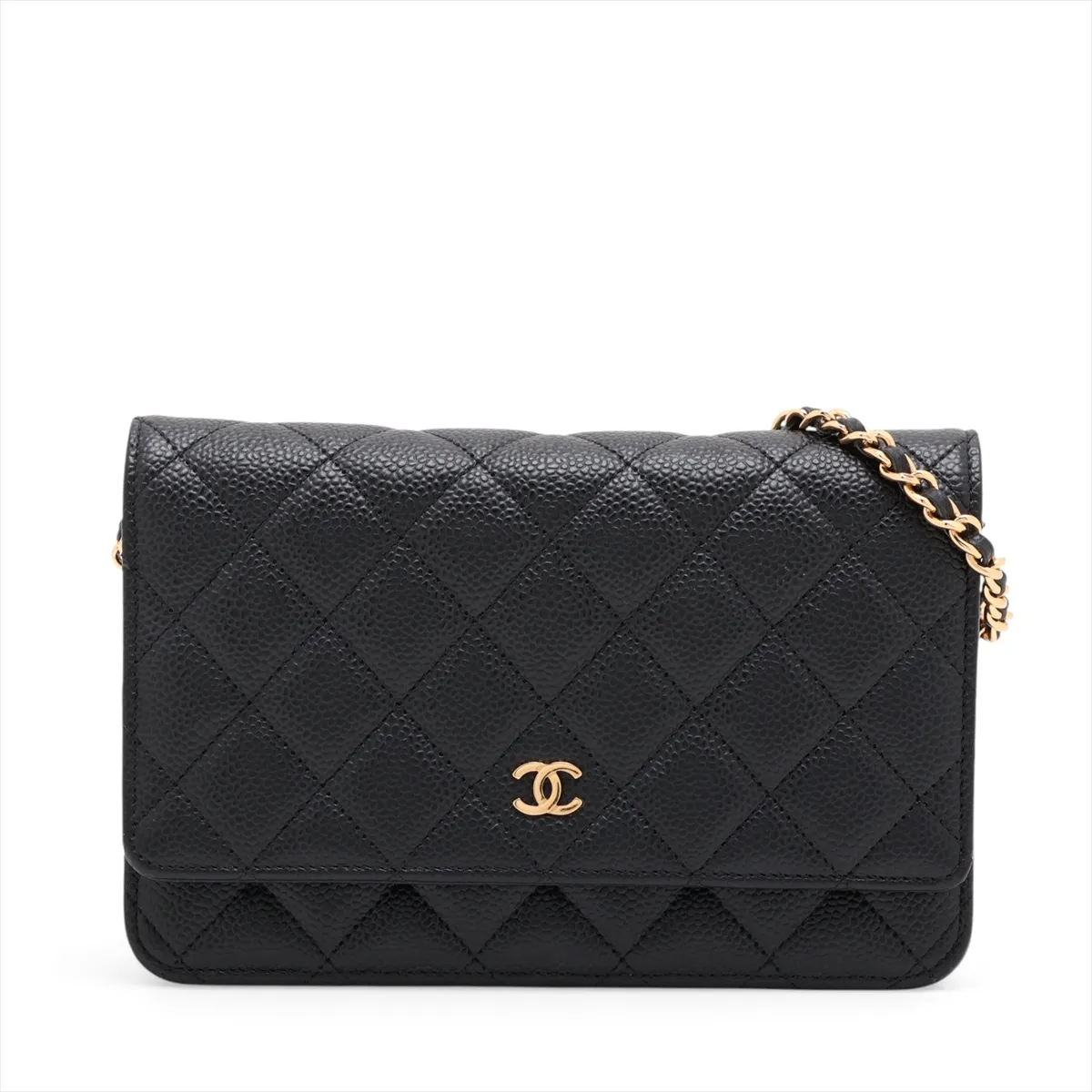 Matelassé Caviar Skin Chain Wallet, Black with Gold Hardware, 30782503 (Serial Number in the 30s)