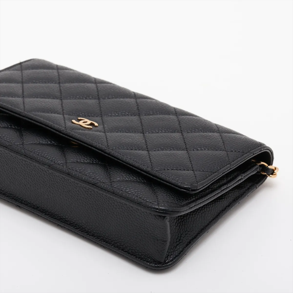 Matelassé Caviar Skin Chain Wallet, Black with Gold Hardware, 30782503 (Serial Number in the 30s) — view 3