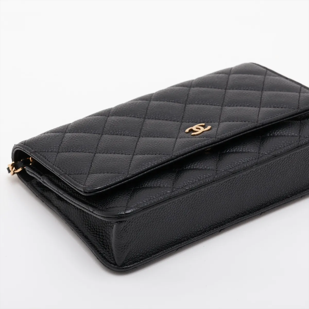 Matelassé Caviar Skin Chain Wallet, Black with Gold Hardware, 30782503 (Serial Number in the 30s) — view 4