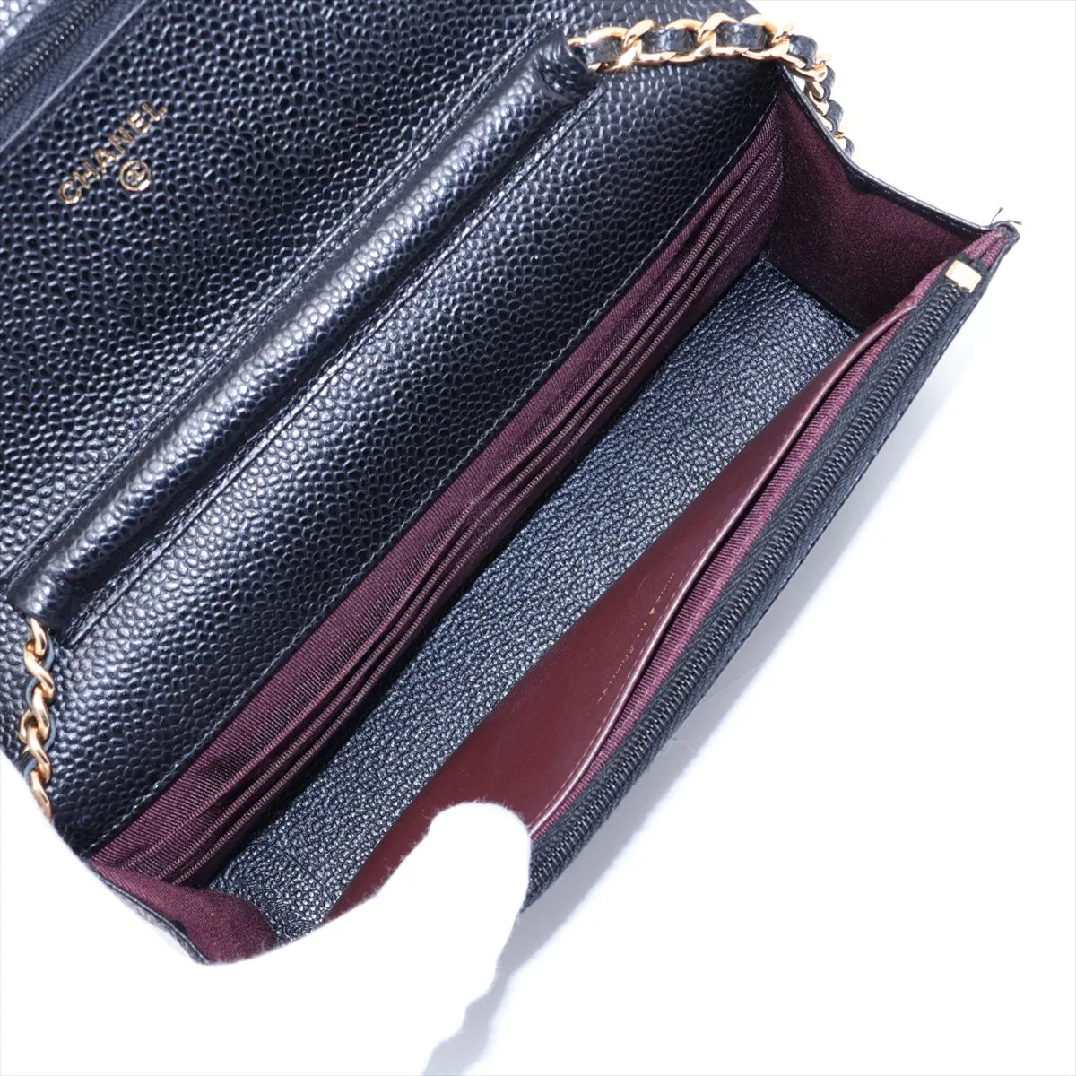 Matelassé Caviar Skin Chain Wallet, Black with Gold Hardware, 30782503 (Serial Number in the 30s) — view 6