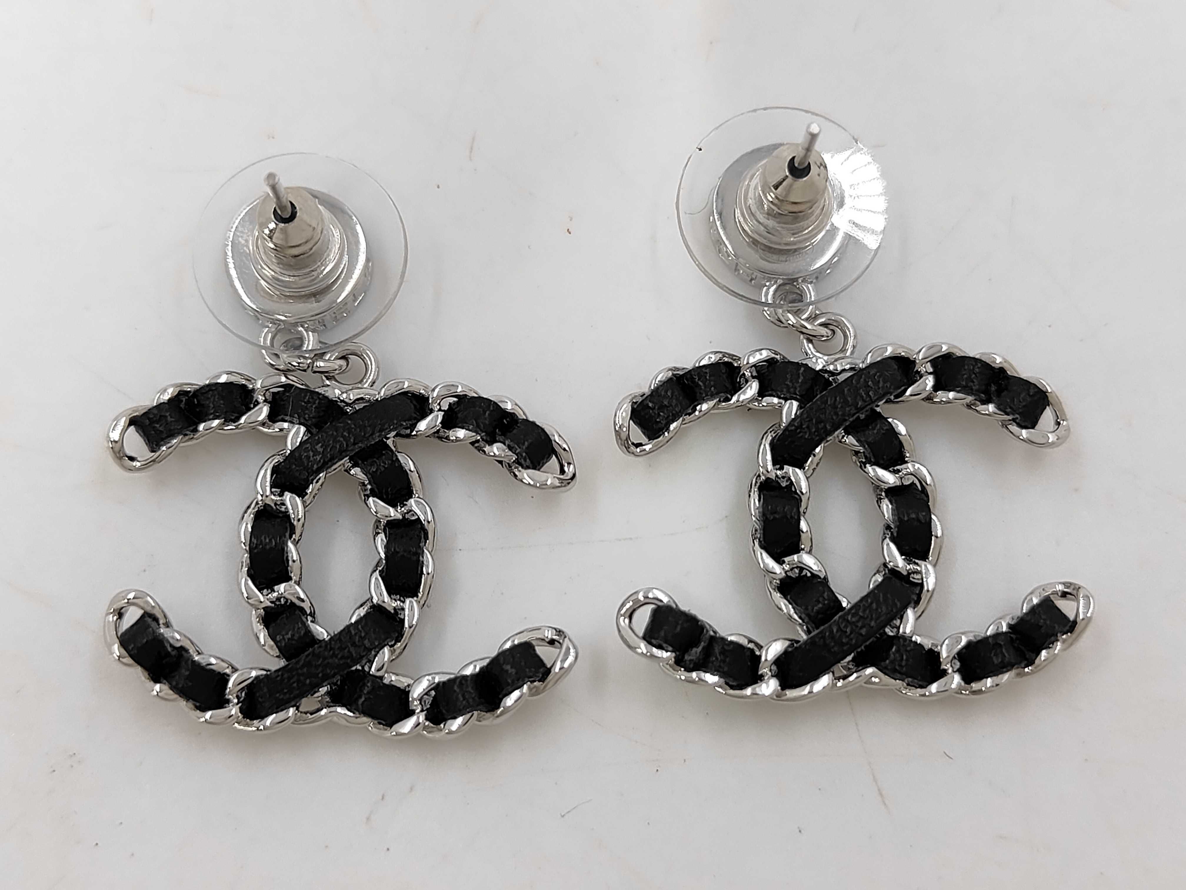 Coco Mark Chain Earrings, Metal x Leather Earrings — view 2