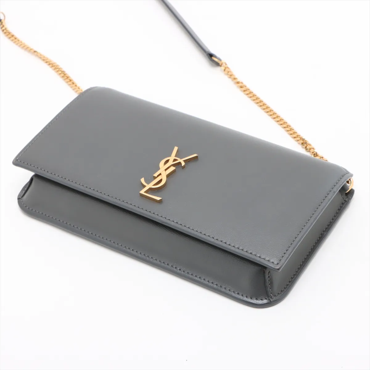 Leather Chain Shoulder Bag, Gray, 635095 — view 3
