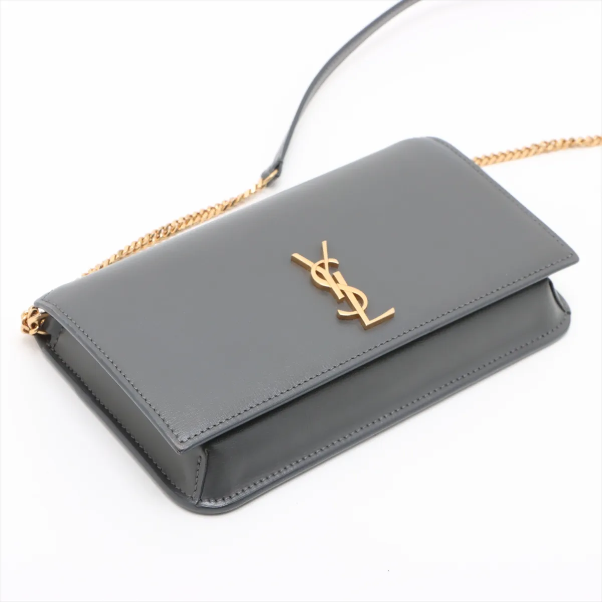 Leather Chain Shoulder Bag, Gray, 635095 — view 4