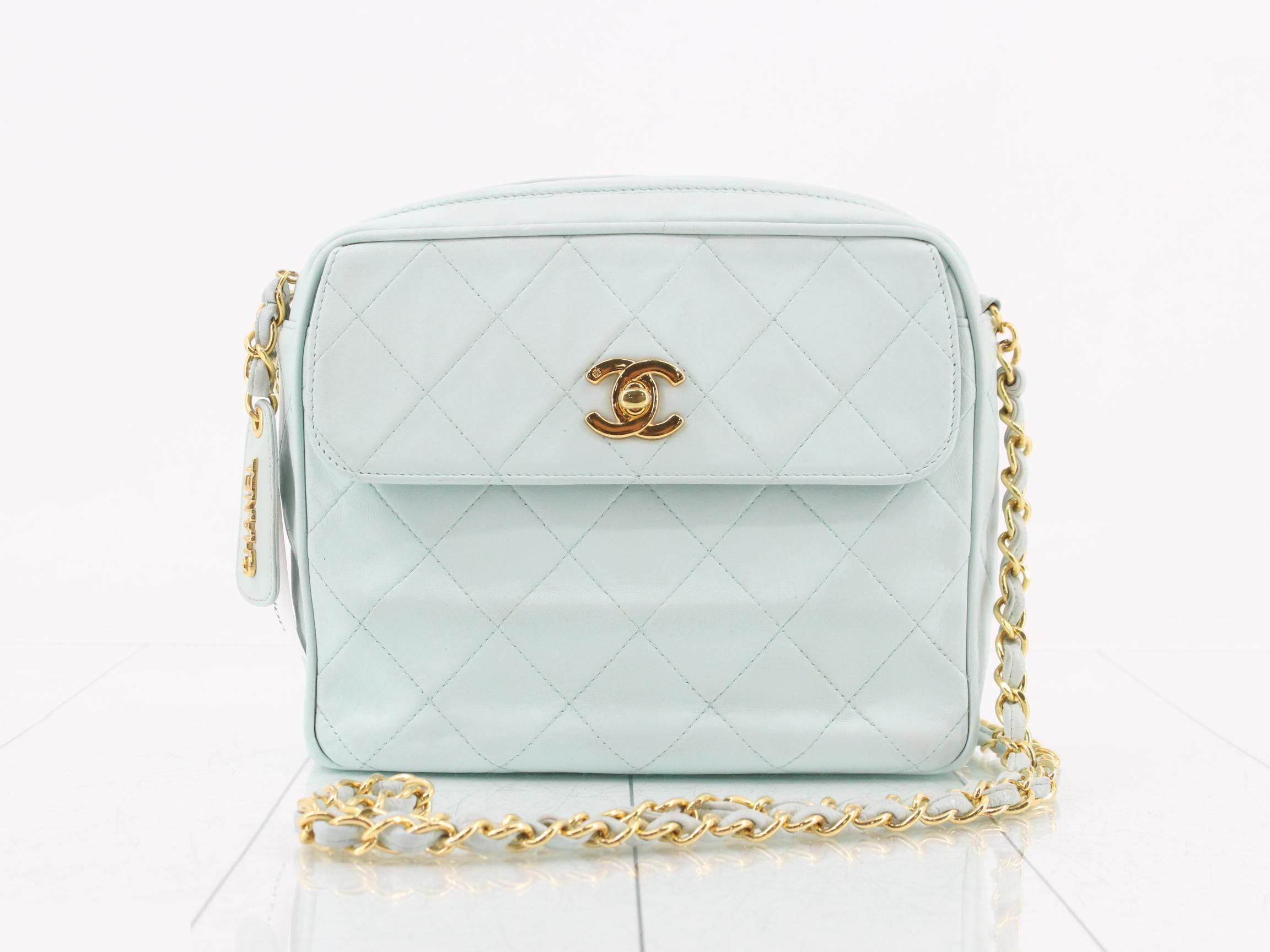 Lambskin Matelassé Chain Shoulder Bag with Pull Charm, Light Blue