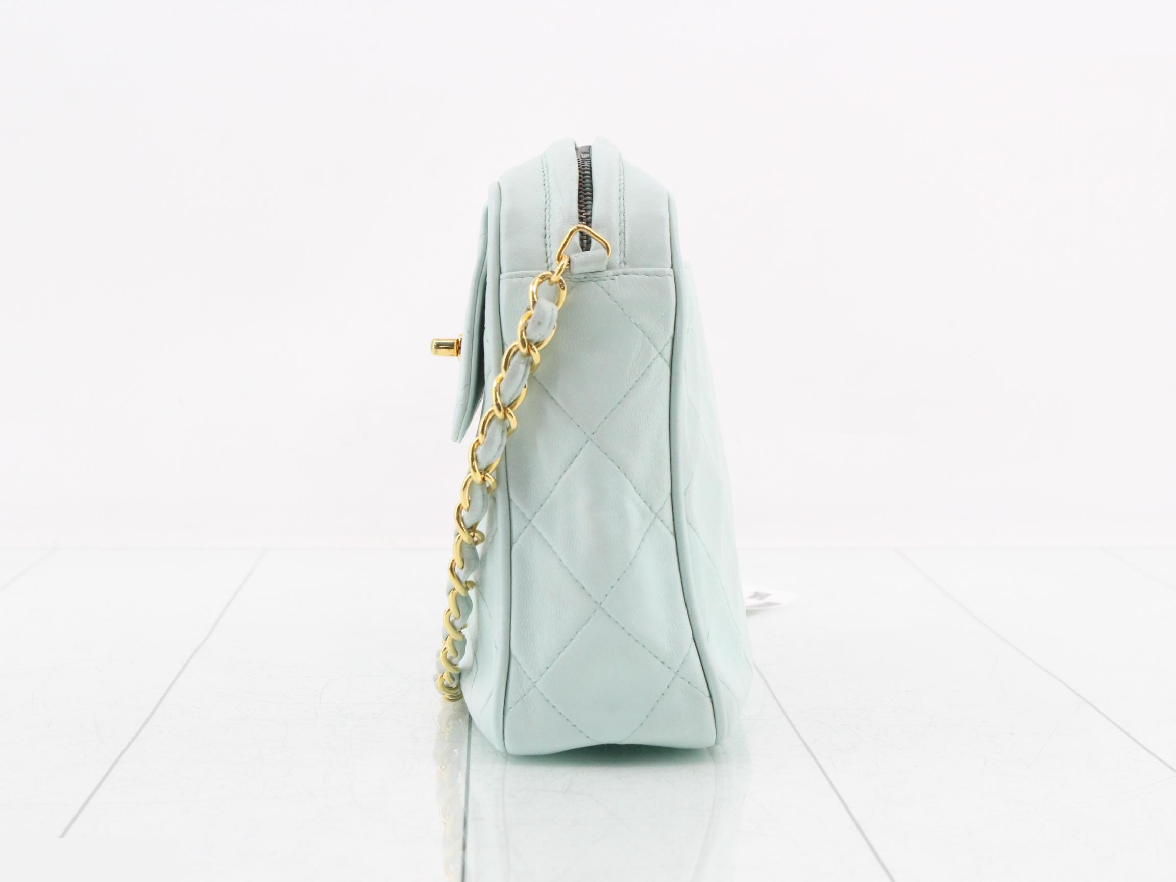 Lambskin Matelassé Chain Shoulder Bag with Pull Charm, Light Blue — view 3